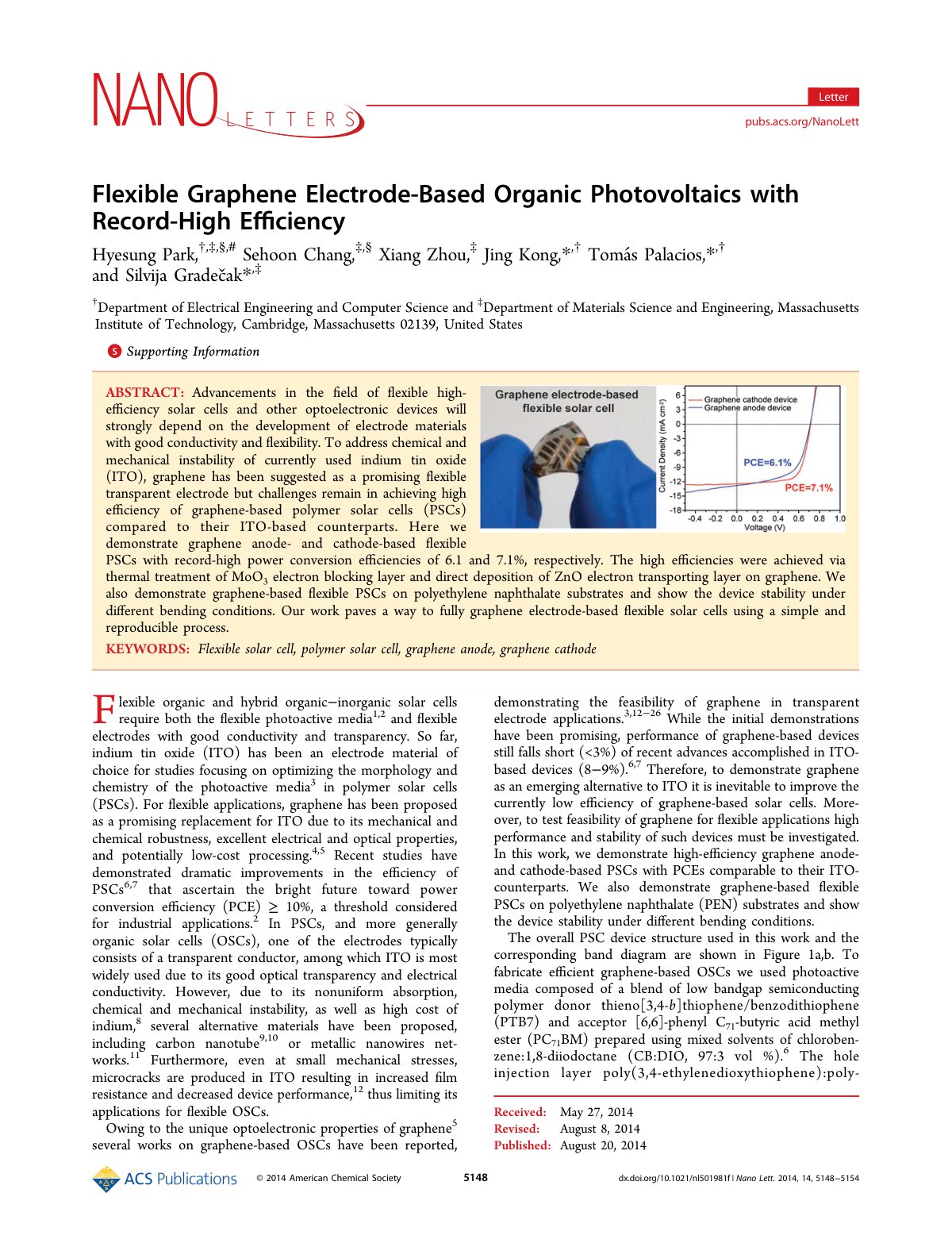 First page of Flexible Graphene Electrode-Based Organic Photovoltaics with Record-High Efficiency