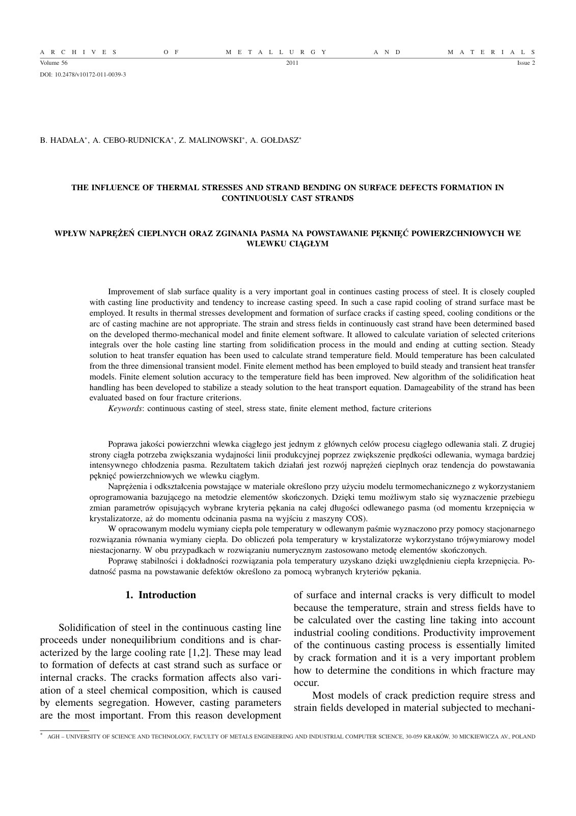 First page of THE INFLUENCE OF THERMAL STRESSES AND STRAND BENDING ON SURF A CE DEFECTS FORMATION IN CONTINUOUSL Y CAST STRANDS