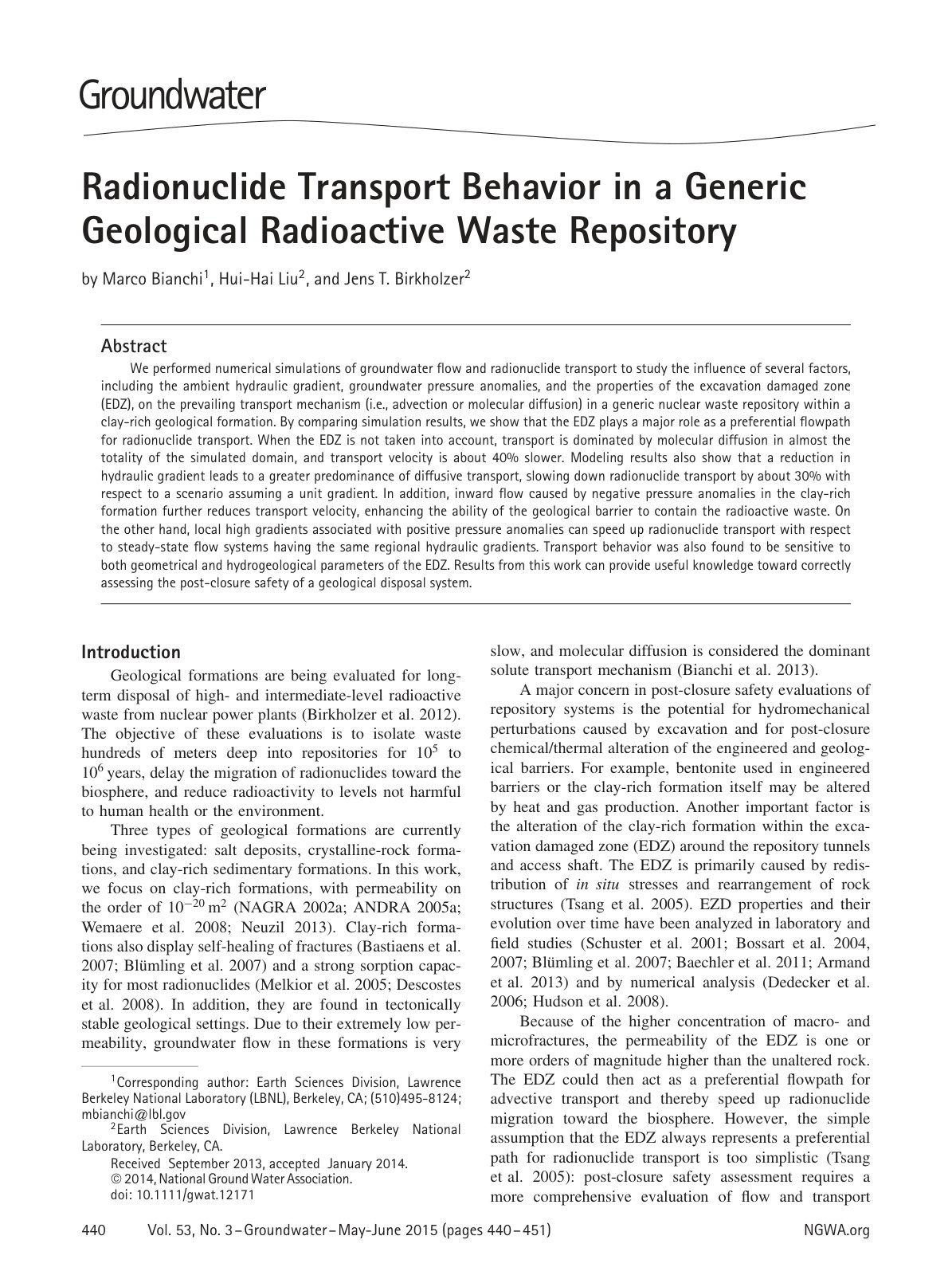 First page of Radionuclide Transport Behavior in a Generic Geological Radioactive Waste Repository