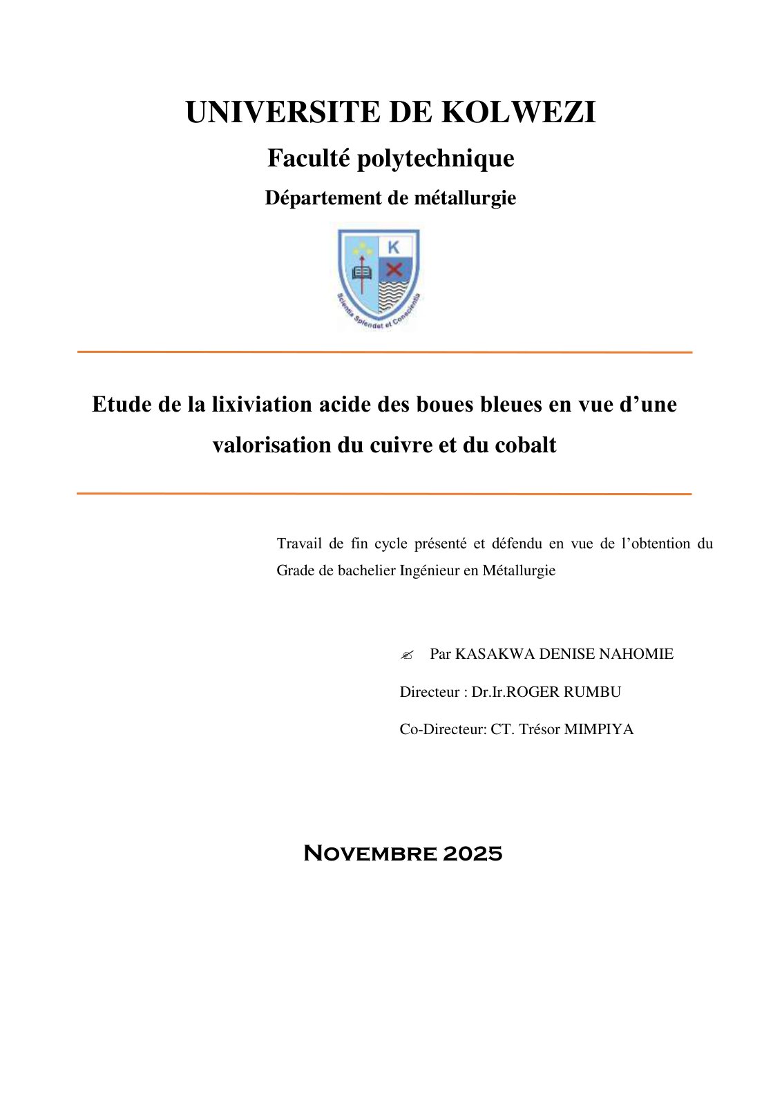 First page of Etude de la lixiviation acide des boues bleues en vue d’une valorisation du cuivre et du cobalt