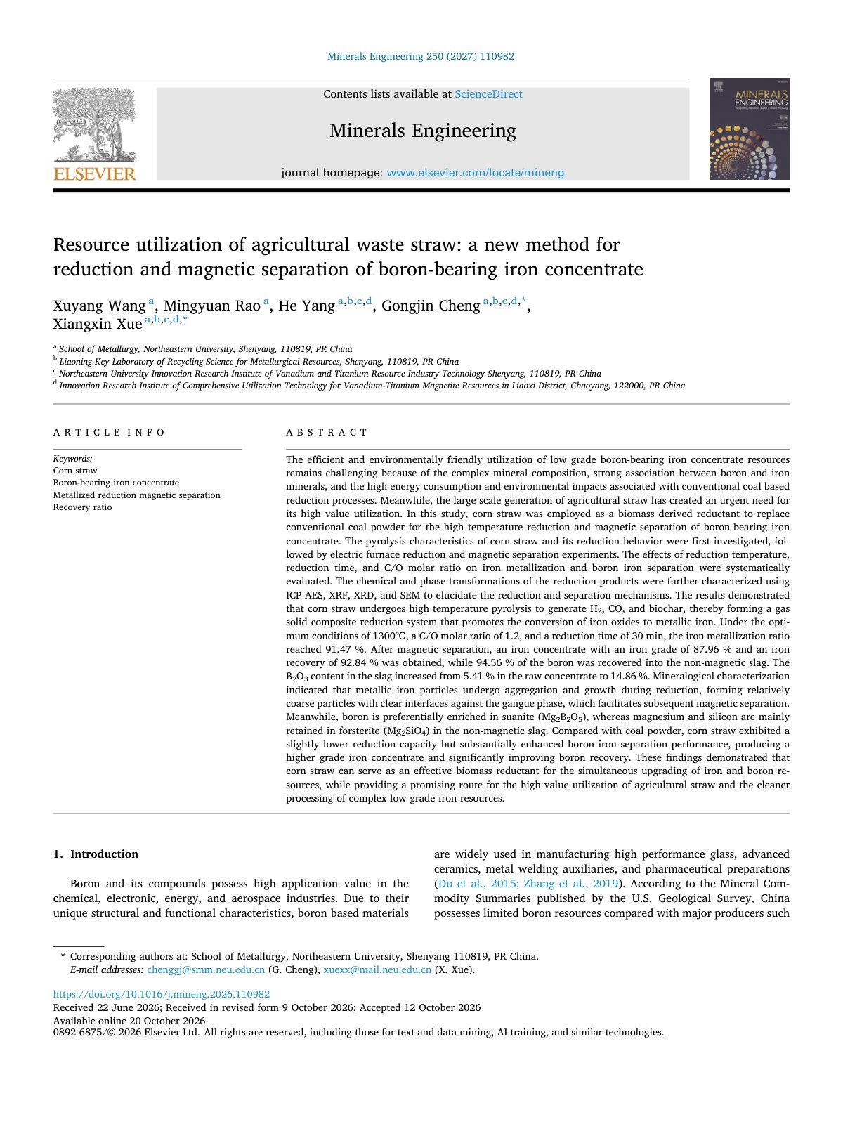 First page of Resource utilization of agricultural waste straw  a new metho 2027 Minerals 