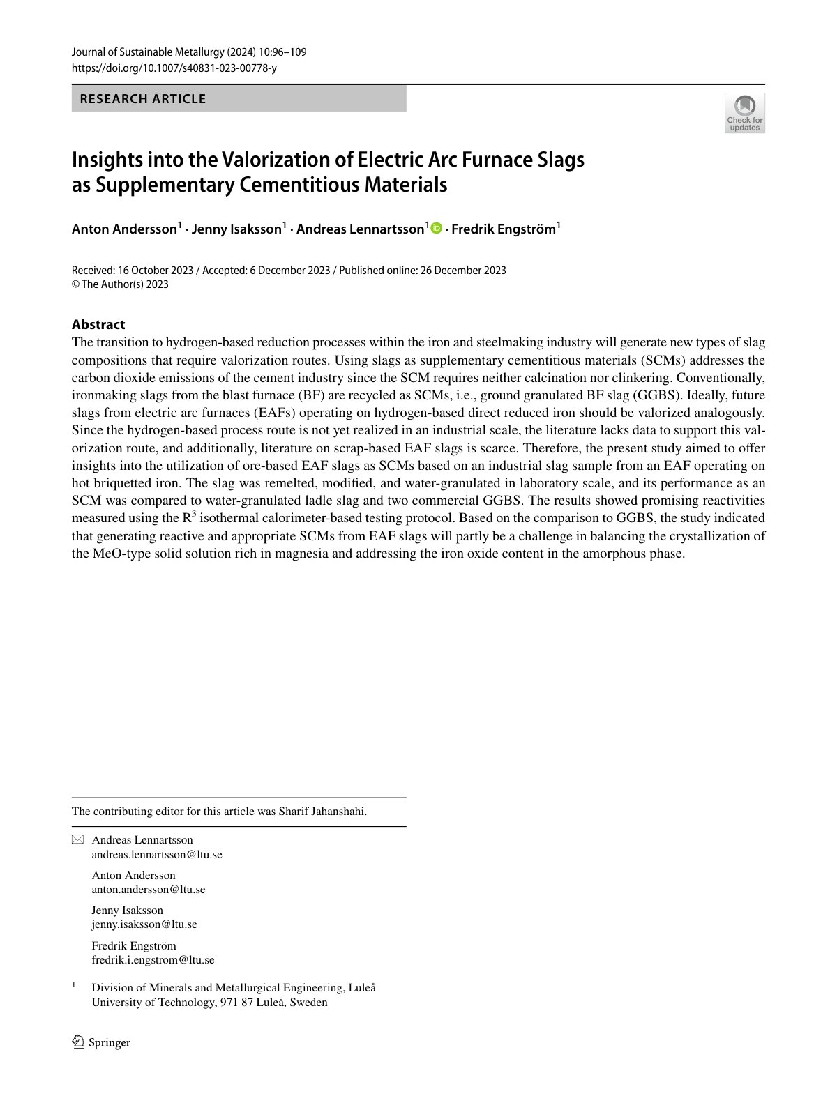 First page of Insights into the Valorization of Electric Arc Furnace Slags as Supplementary Cementitious Materials