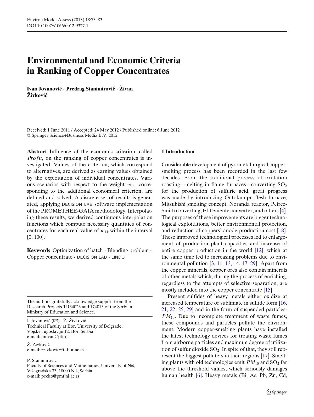 First page of Environmental and Economic Criteria in R