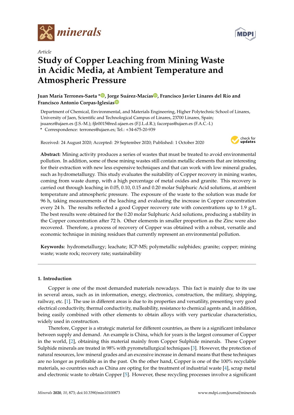 First page of 2020   Terrones Saeta   Ambient acid leaching of copper waste