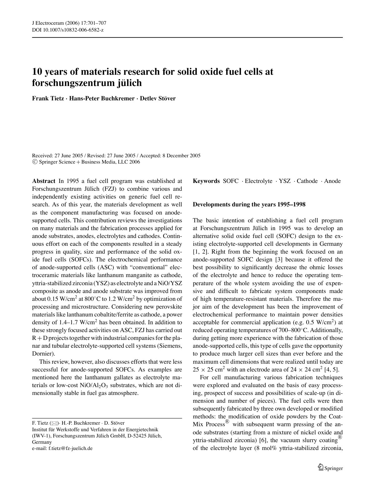 First page of 10 years of materials research for solid oxide fuel cells at forschungszentrum j ¨ ulich