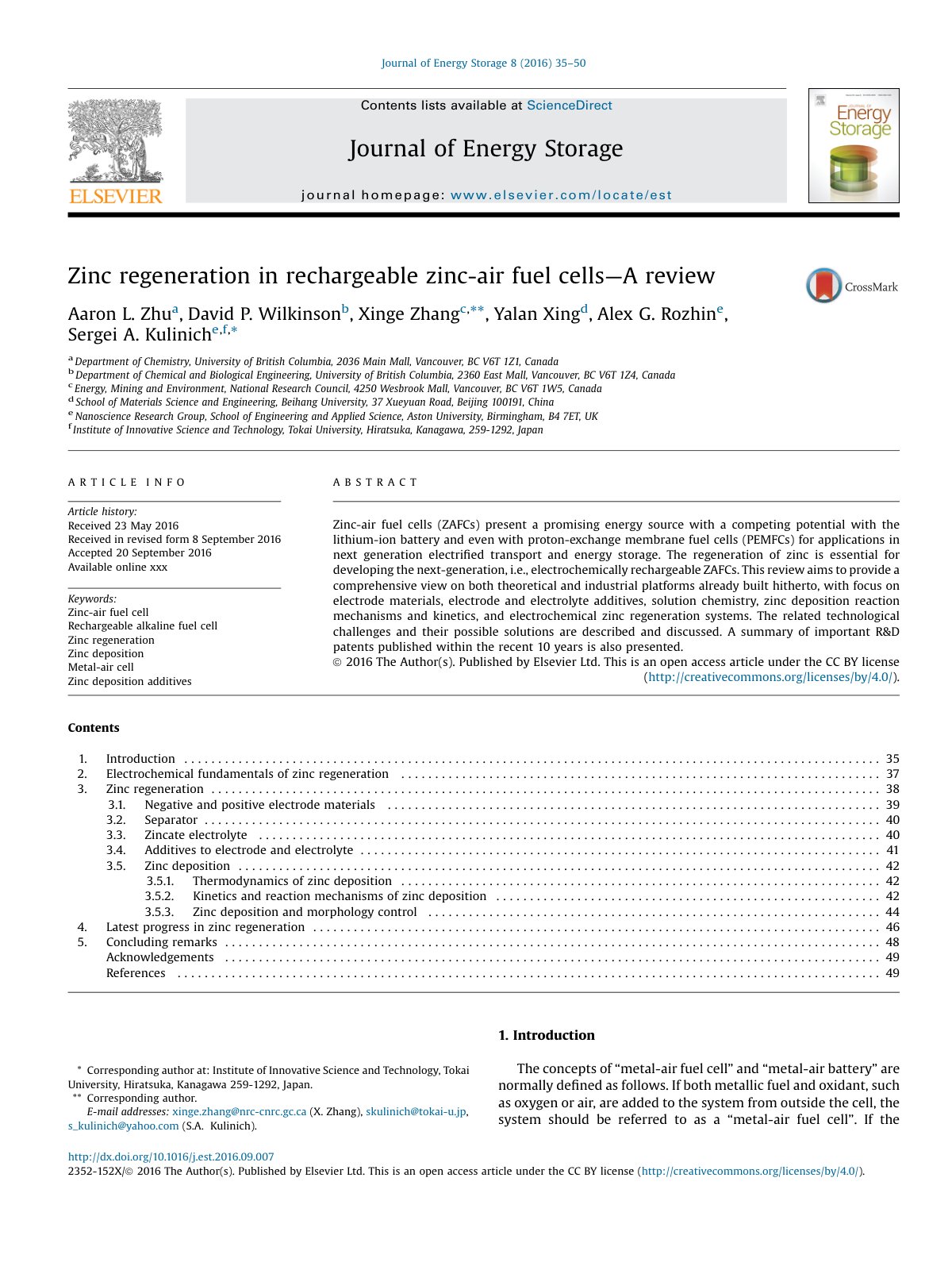 First page of Zinc regeneration in rechargeable zinc-air fuel cells— A review