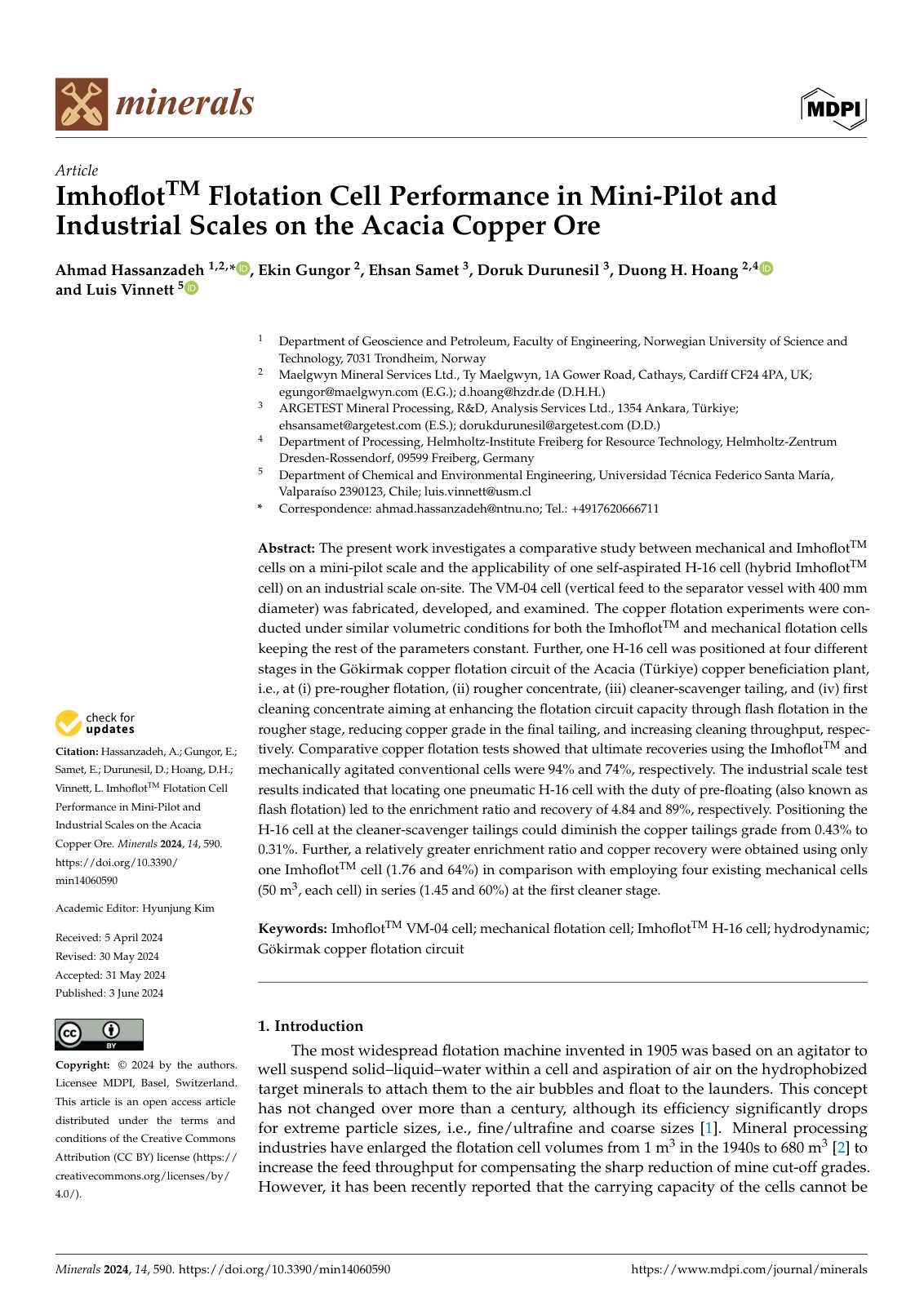 First page of ImhoflotTM Flotation Cell Performance in Mini-Pilot and Industrial Scales on the Acacia Copper Ore