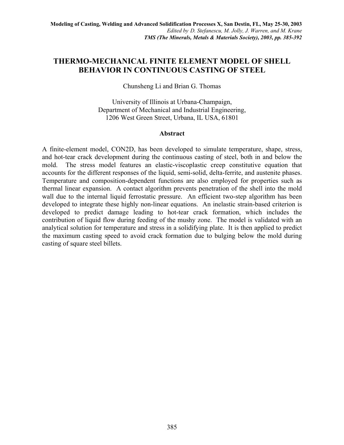 First page of Thermomechanical finite element model of