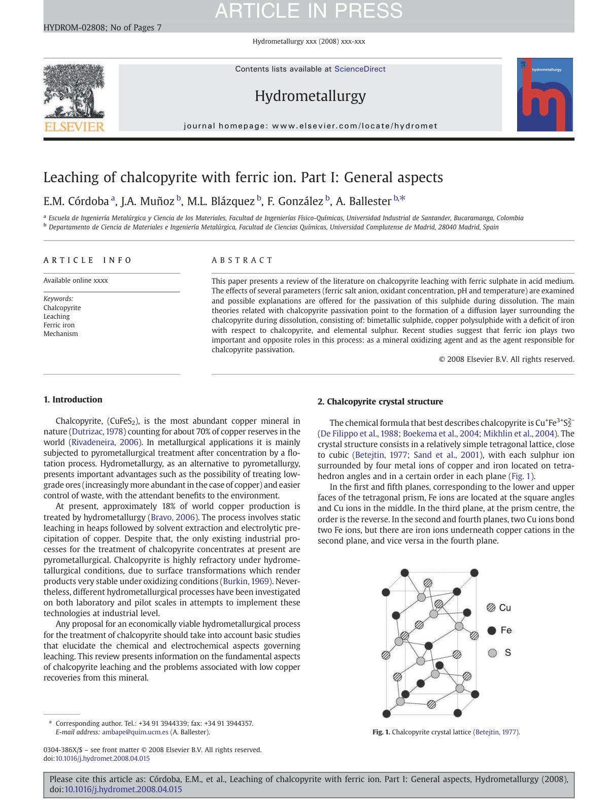 First page of Leaching of chalcopyrite with ferric ion