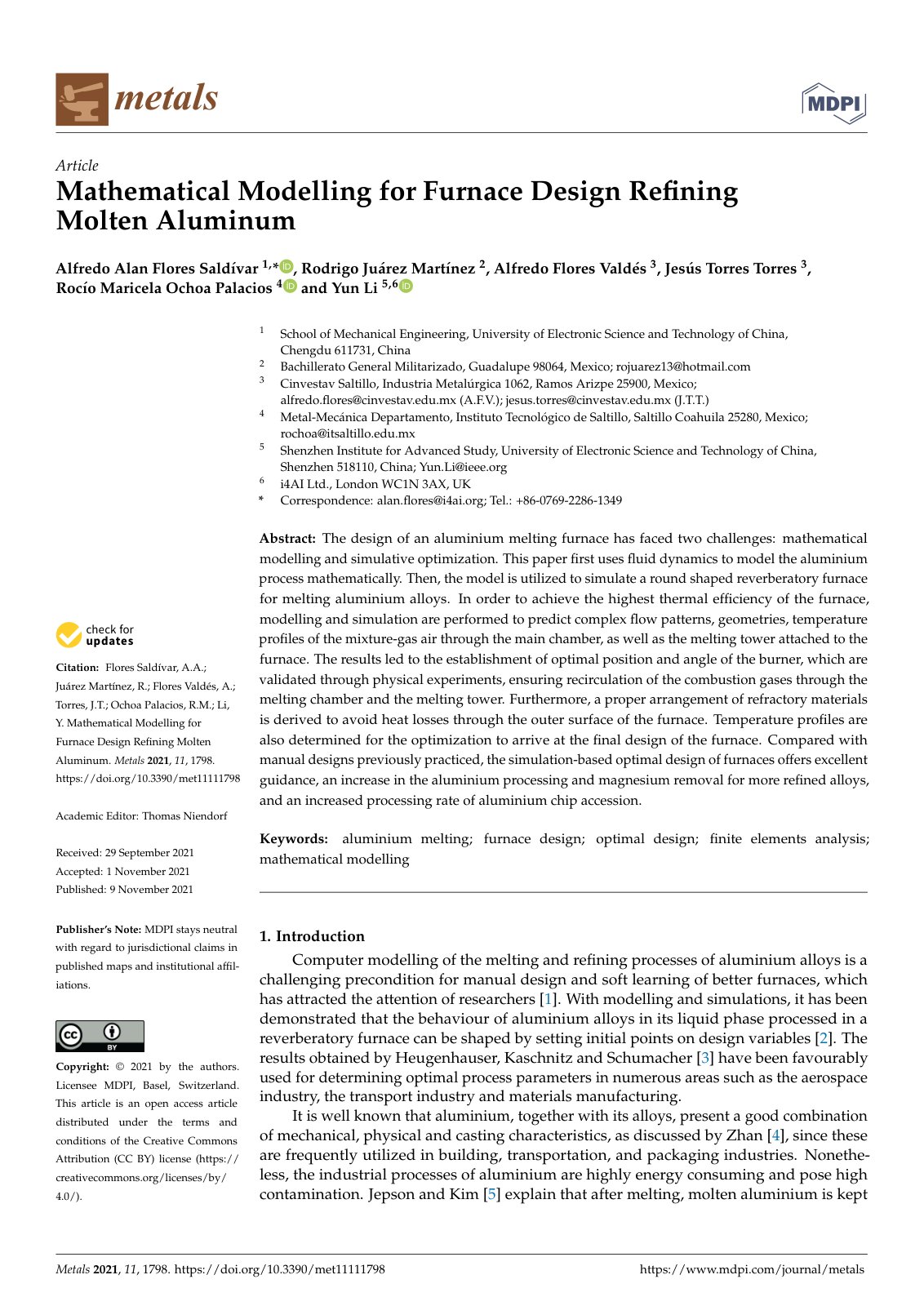 First page of Mathematical Modelling for Furnace Desig