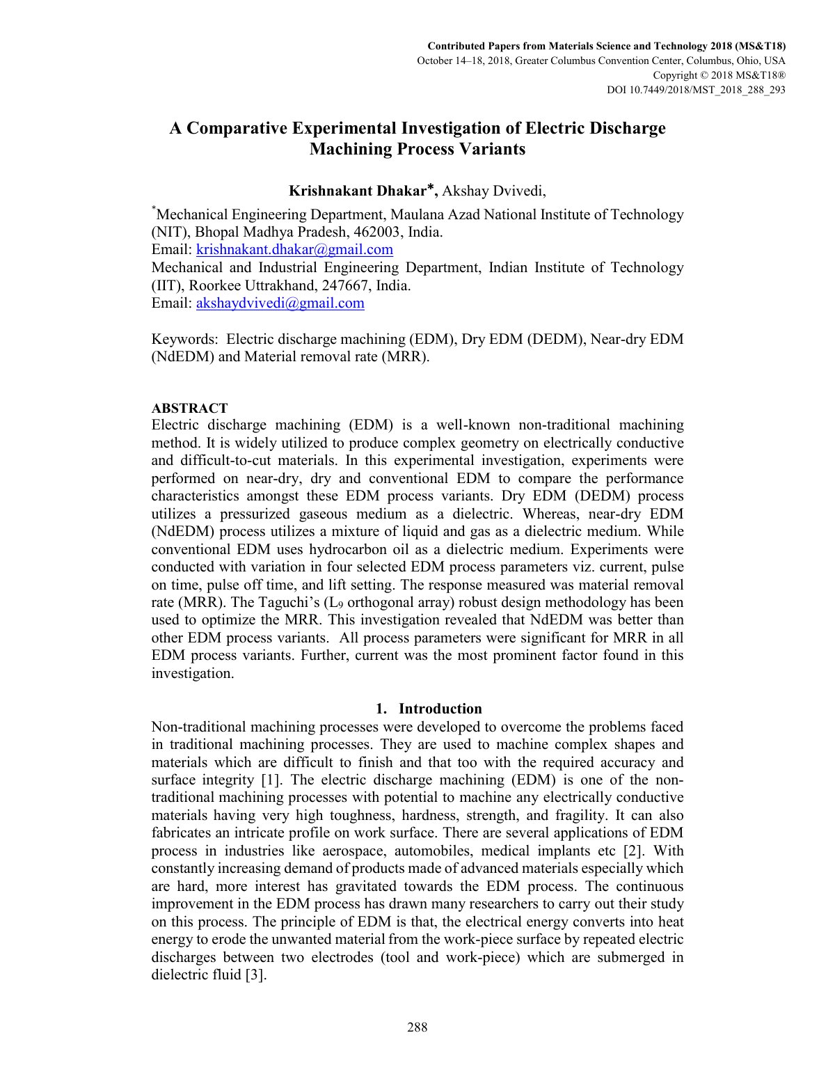 First page of A Comparative Experimental Investigation of Electric Discharge Machining Process Variants