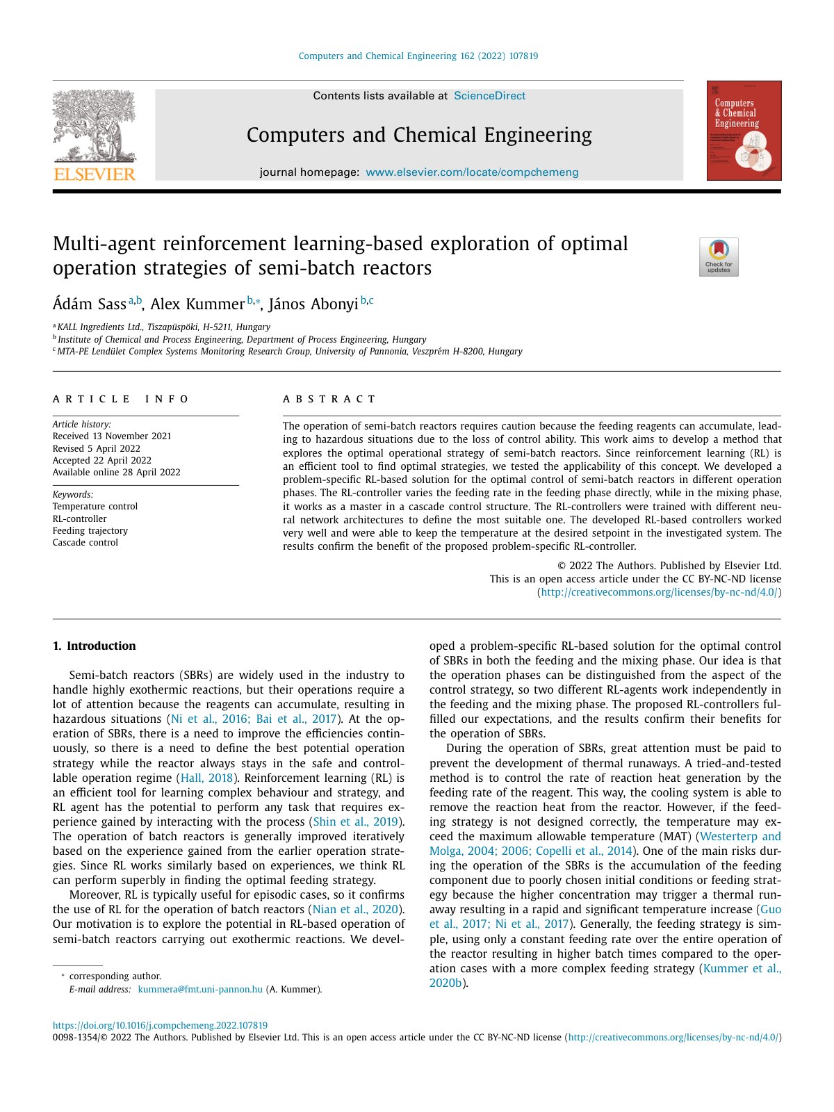 First page of Multi agent reinforcement learning based