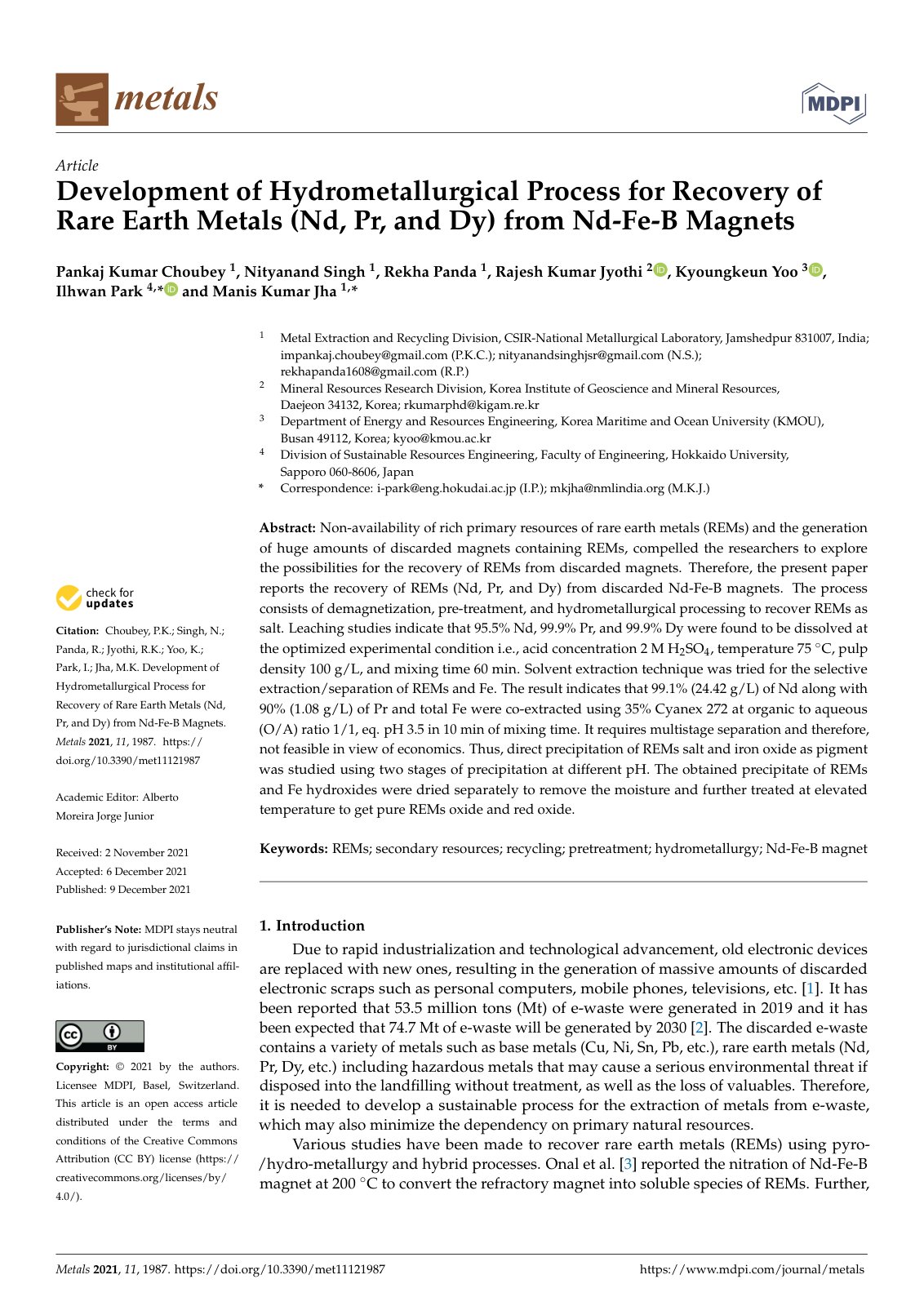 First page of Development of Hydrometallurgical Process for Recovery of Rare Earth Metals (Nd, Pr, and Dy) from Nd-Fe-B Magnets