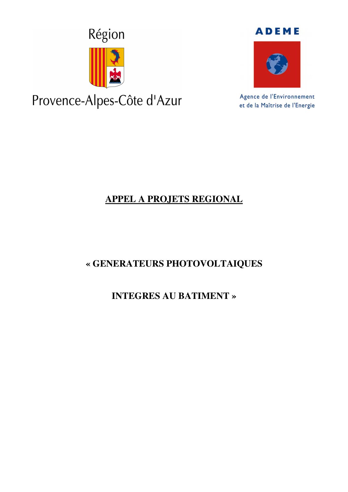 First page of APPEL A PROJETS REGIONAL « GENERATEURS PHOTOVOLTAIQUES INTEGRES AU BATIMENT »