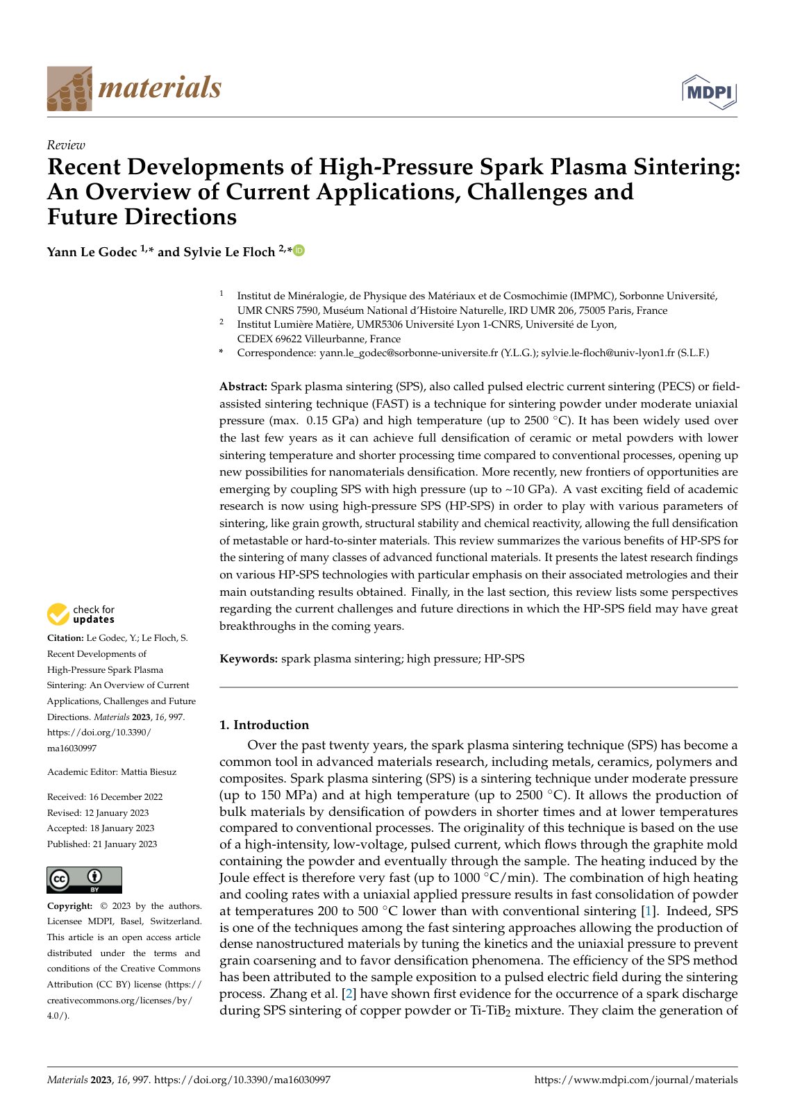 First page of Recent Developments of High-Pressure Spark Plasma Sintering: An Overview of Current Applications, Challenges andFuture Directions