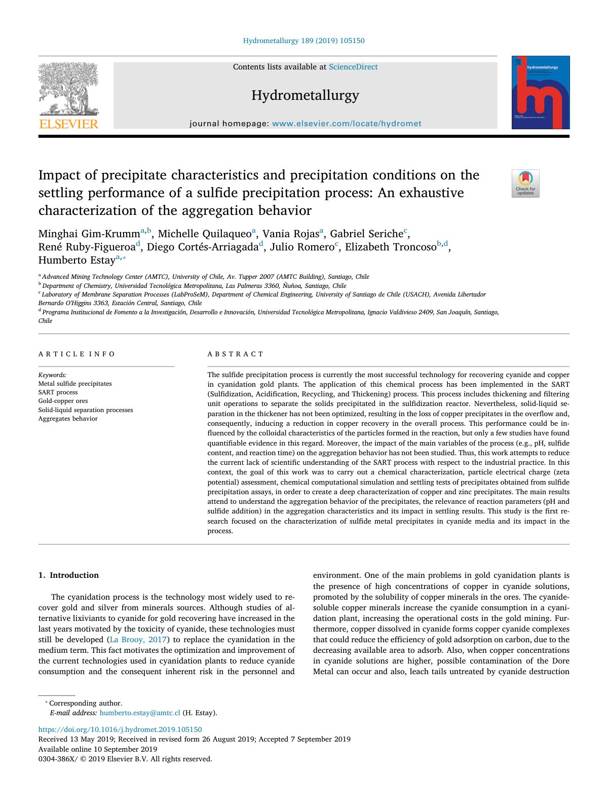 First page of Impact of precipitate characteristics and precipitation conditions on the settling performance of a sulfide precipitation process: An exhaustive characterization of the aggregation behavior