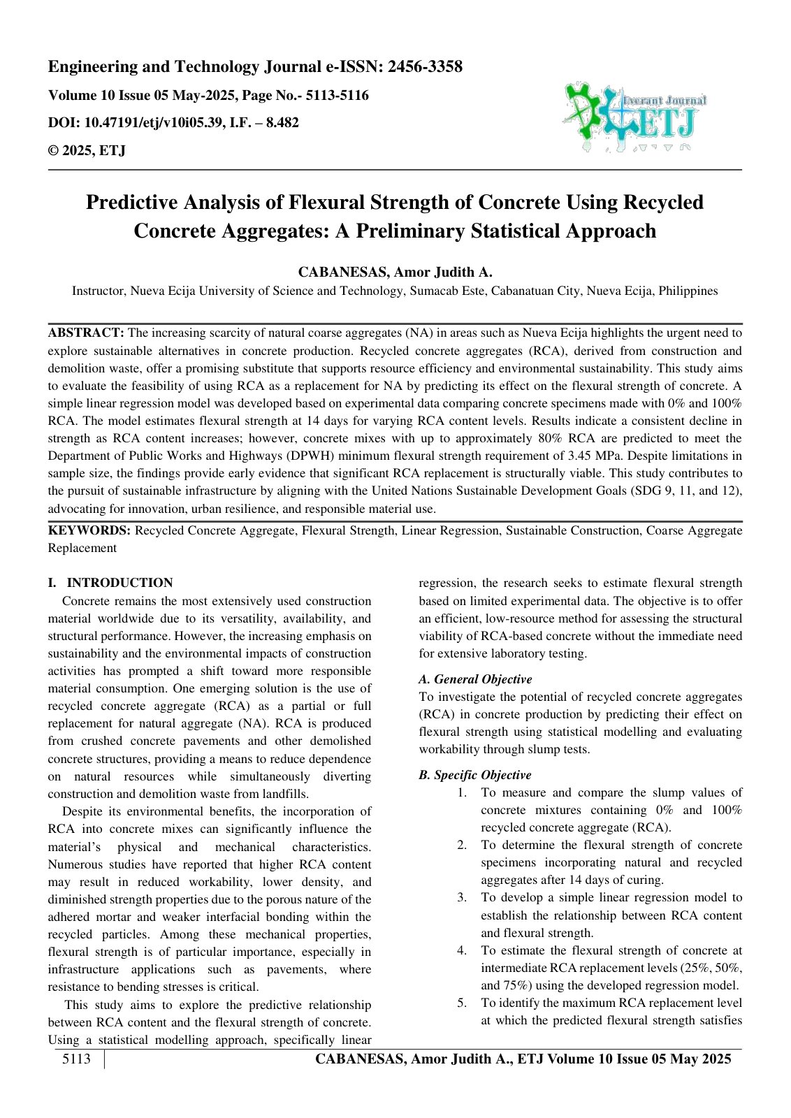 First page of Predictive Analysis of Flexural Strength of Concrete Using Recycled  Concrete Aggregates: A Preliminary Statistical Approach   