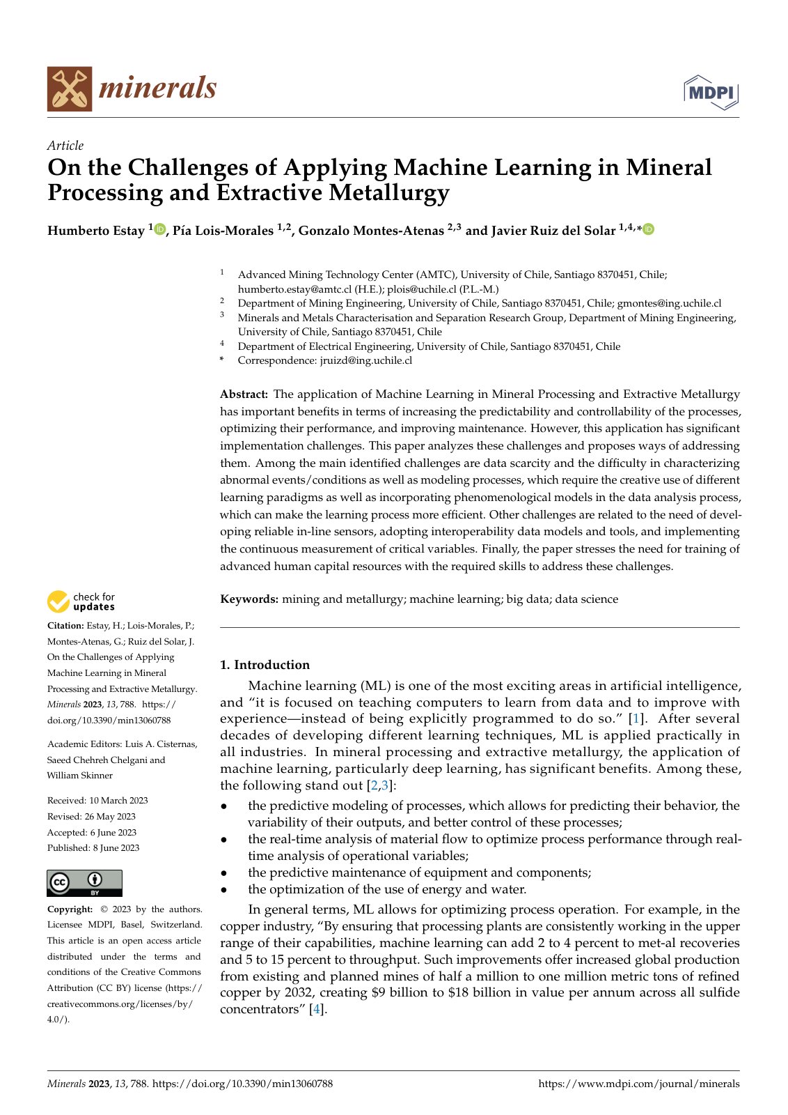 First page of On the Challenges of Applying Machine Learning in Mineral Processing and Extractive Metallurgy