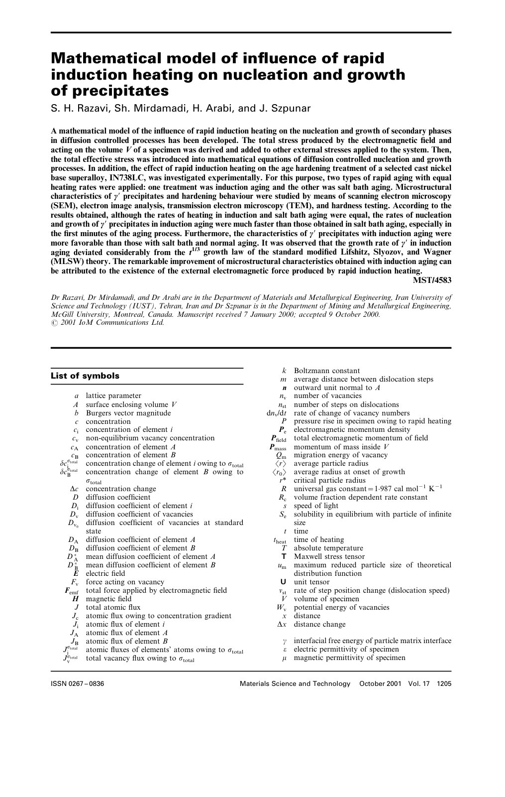 First page of Mathematical model of inﬂuence of rapid induction heating on nucleation and growth of precipitates