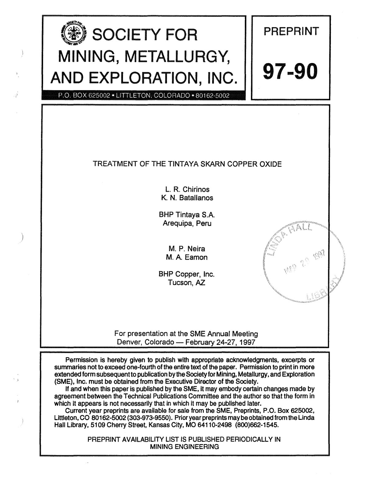 First page of TREATMENT OF THE TINTAYA SKARN COPPER OXIDE