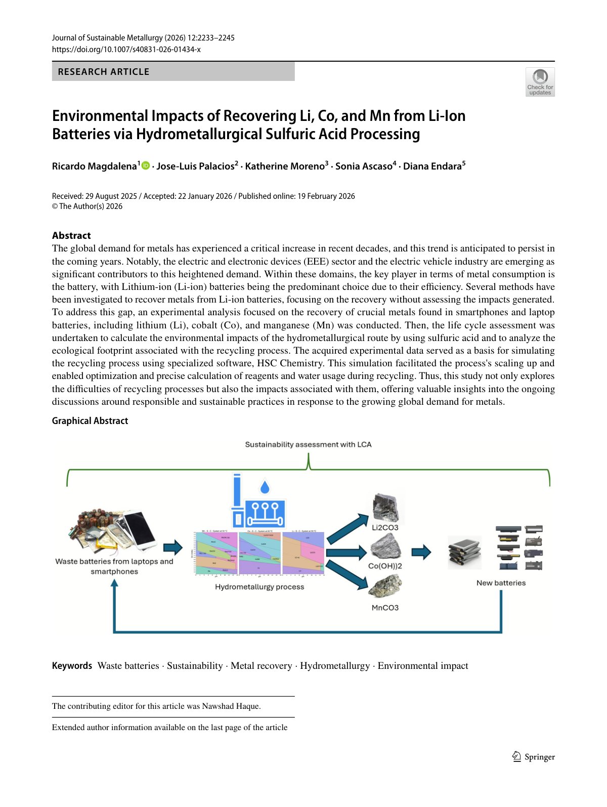 First page of Environmental Impacts of Recovering Li, Co, and Mn from Li-Ion Batteries via Hydrometallurgical Sulfuric Acid Processing