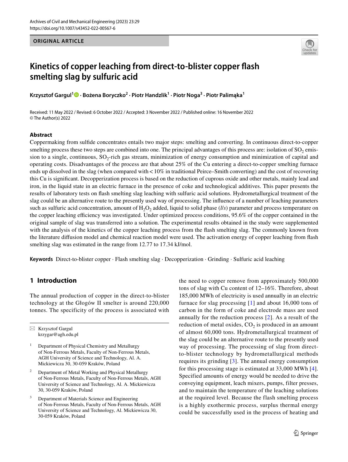 First page of Kinetics of copper leaching from direct‑to‑blister copper flash smelting slag by sulfuric acid