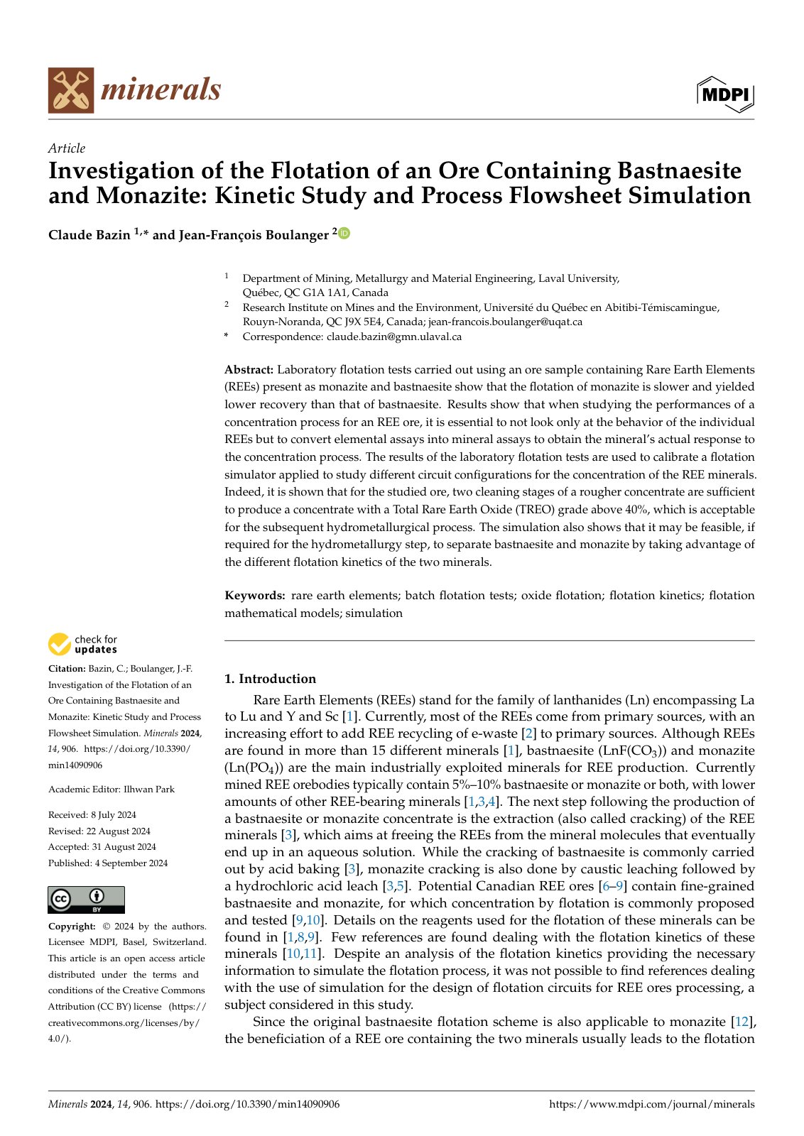 First page of Investigation of the Flotation of an Ore Containing Bastnaesite and Monazite: Kinetic Study and Process Flowsheet Simulation