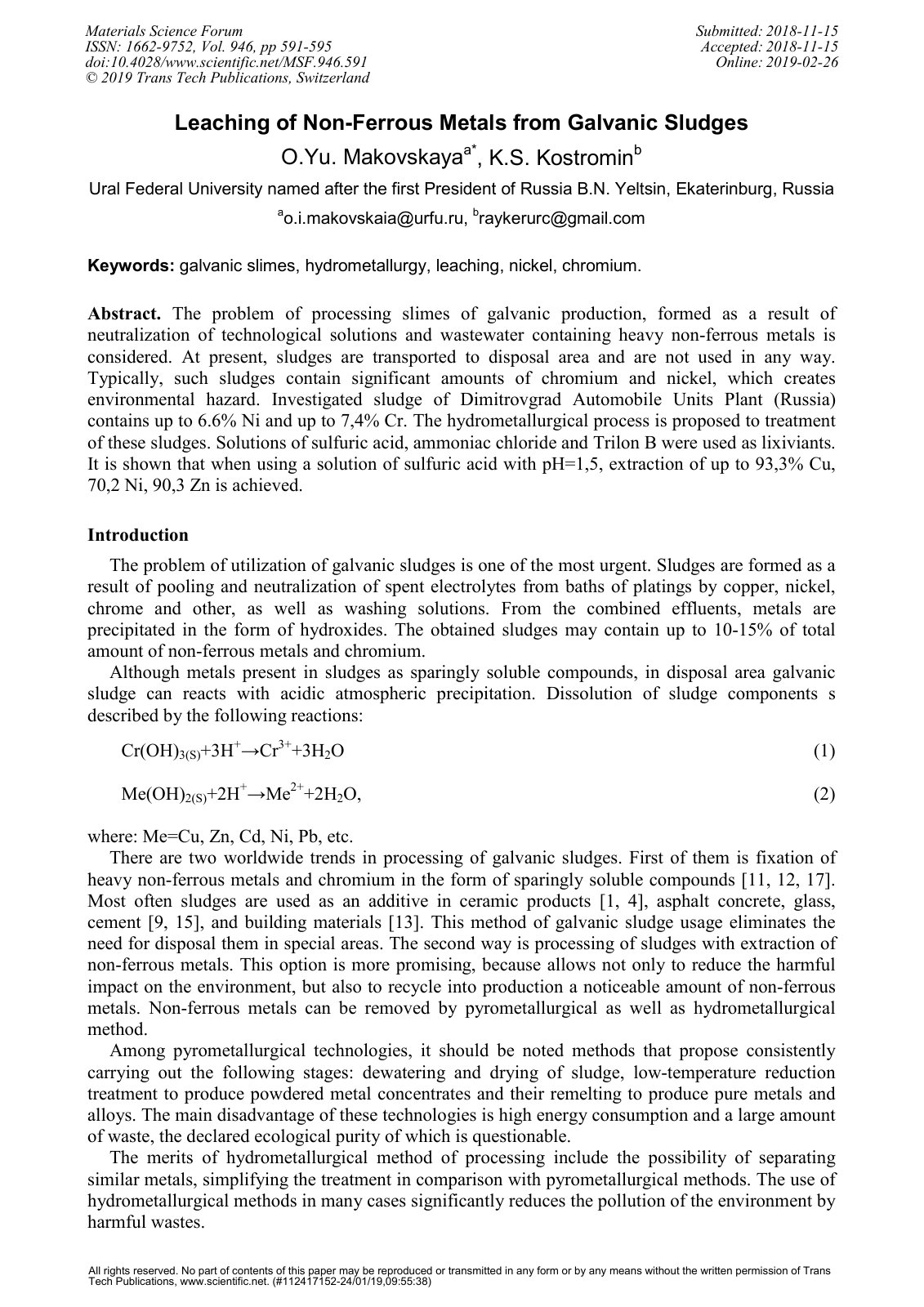 First page of Leaching of Non-Ferrous Metals from Galvanic Sludges