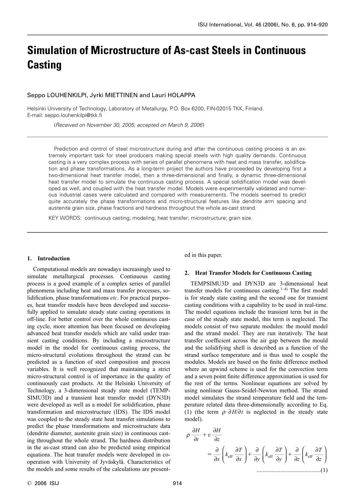 First page of Simulation of microstructure of as cast