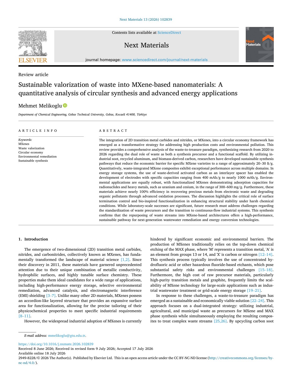 First page of Sustainable valorization of waste into MXene based nanomaterials 2026 Next M