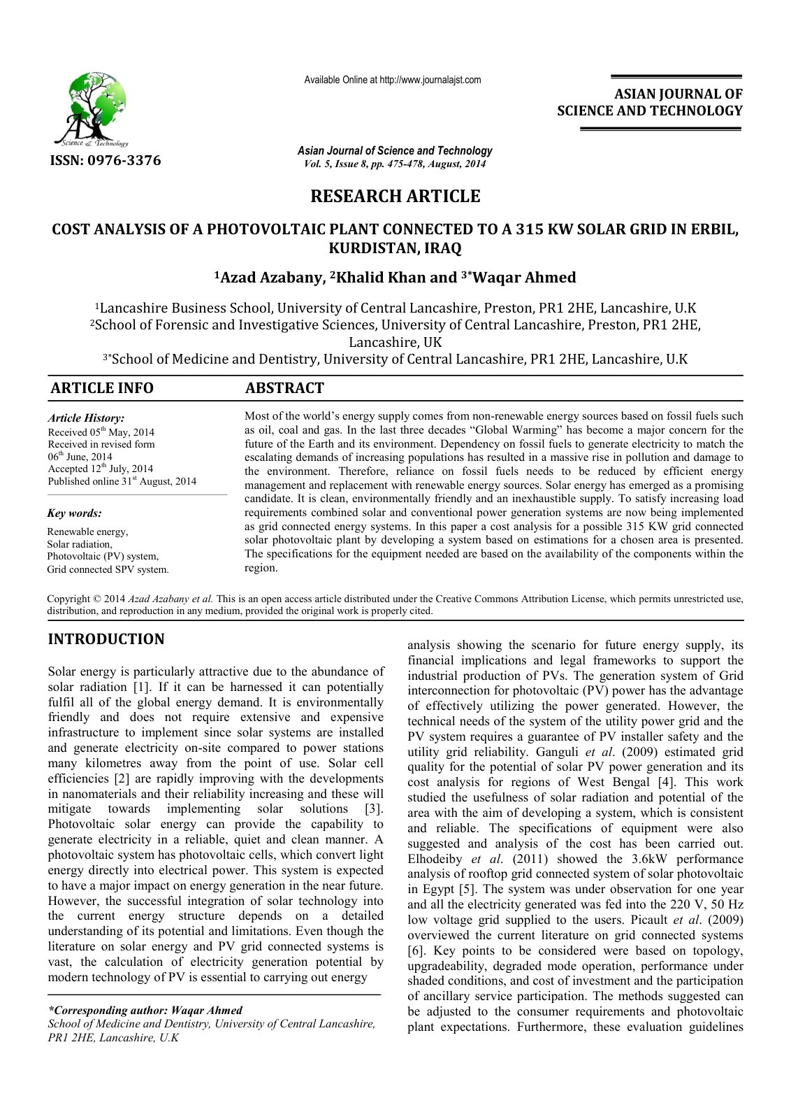 First page of Cost analysis of a photovoltaic plant co