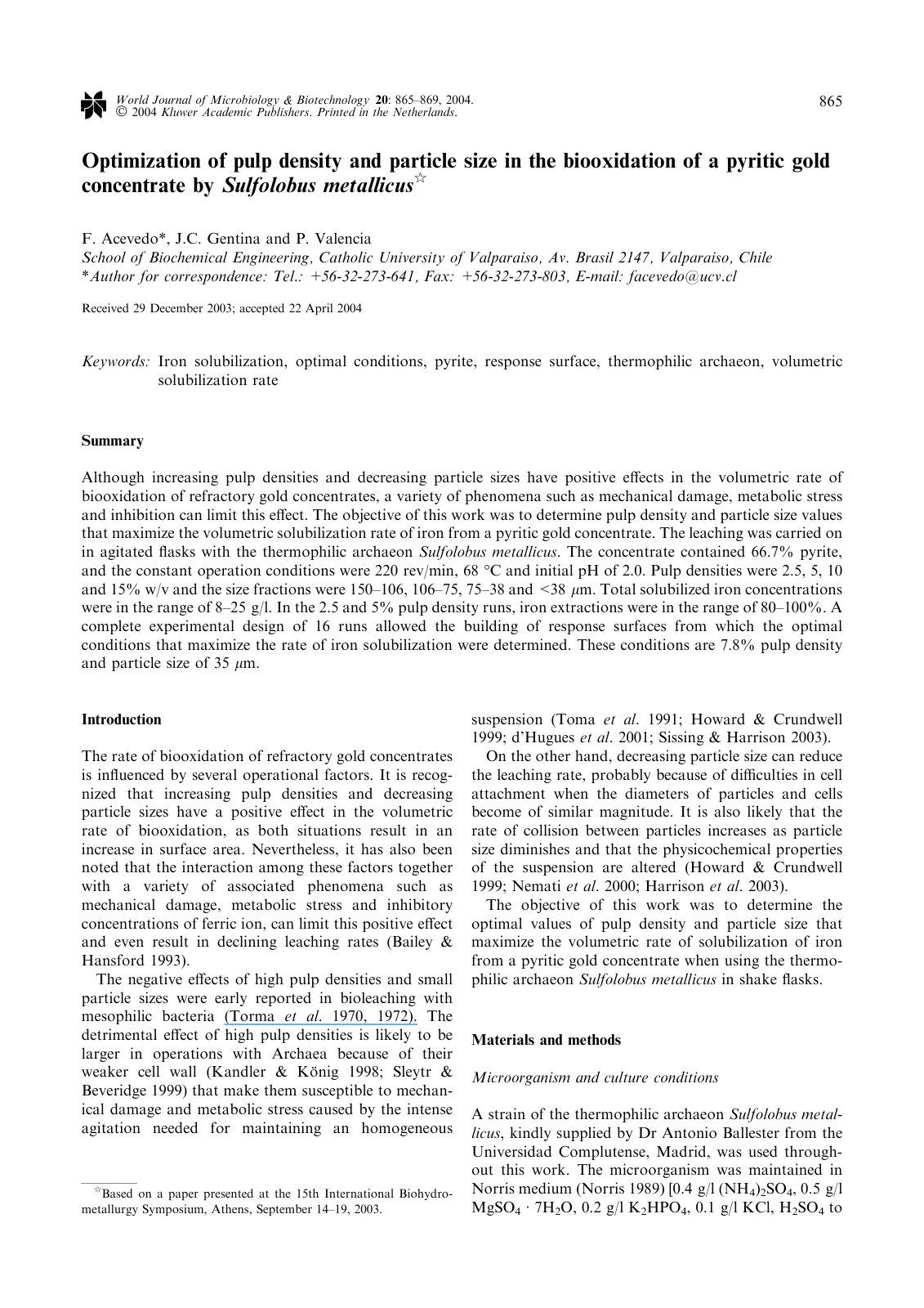 First page of Optimization of pulp density and particl