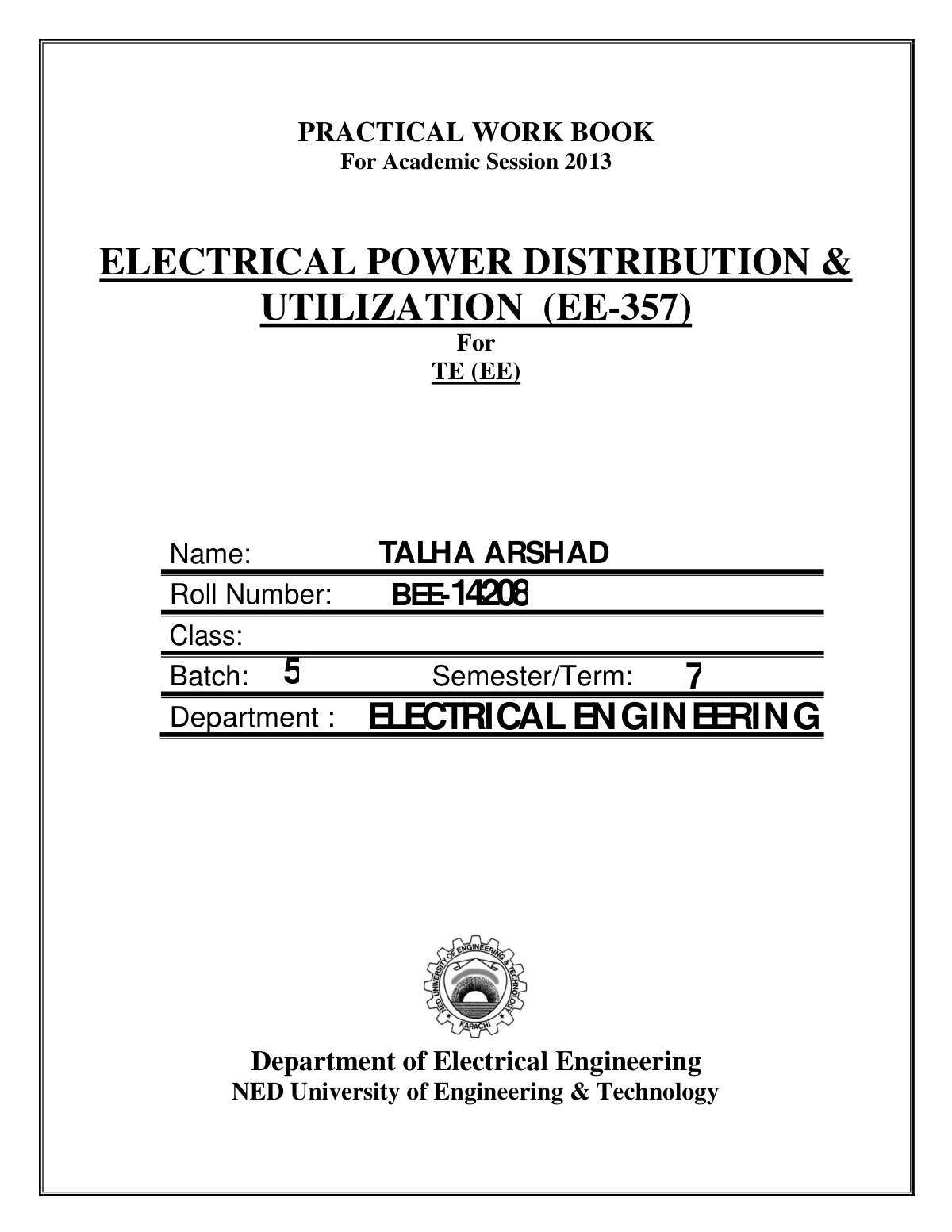 First page of PRACTICAL WORK BOOK ELECTRICAL POWER DIS (1)