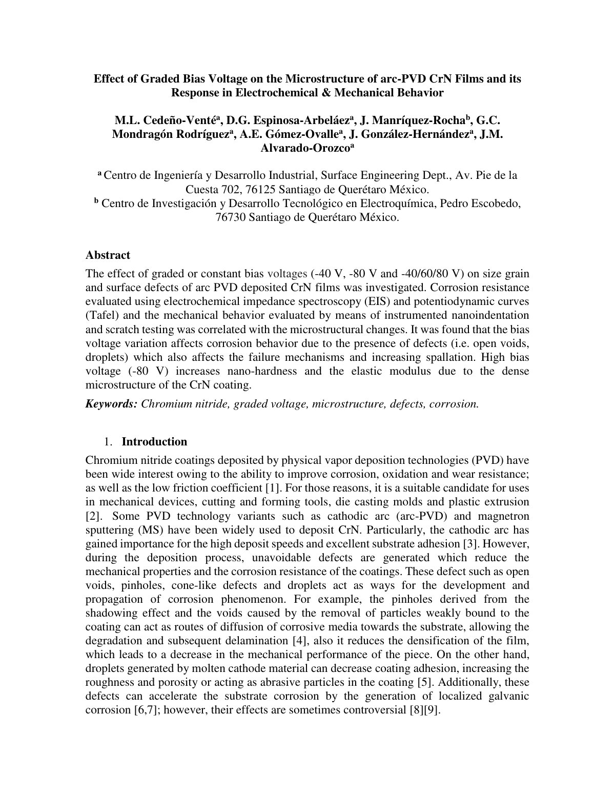 First page of Effect of Graded Bias Voltage on the Microstructure of arc-PVD CrN Films and its Response in Electrochemical & Mechanical Behavior