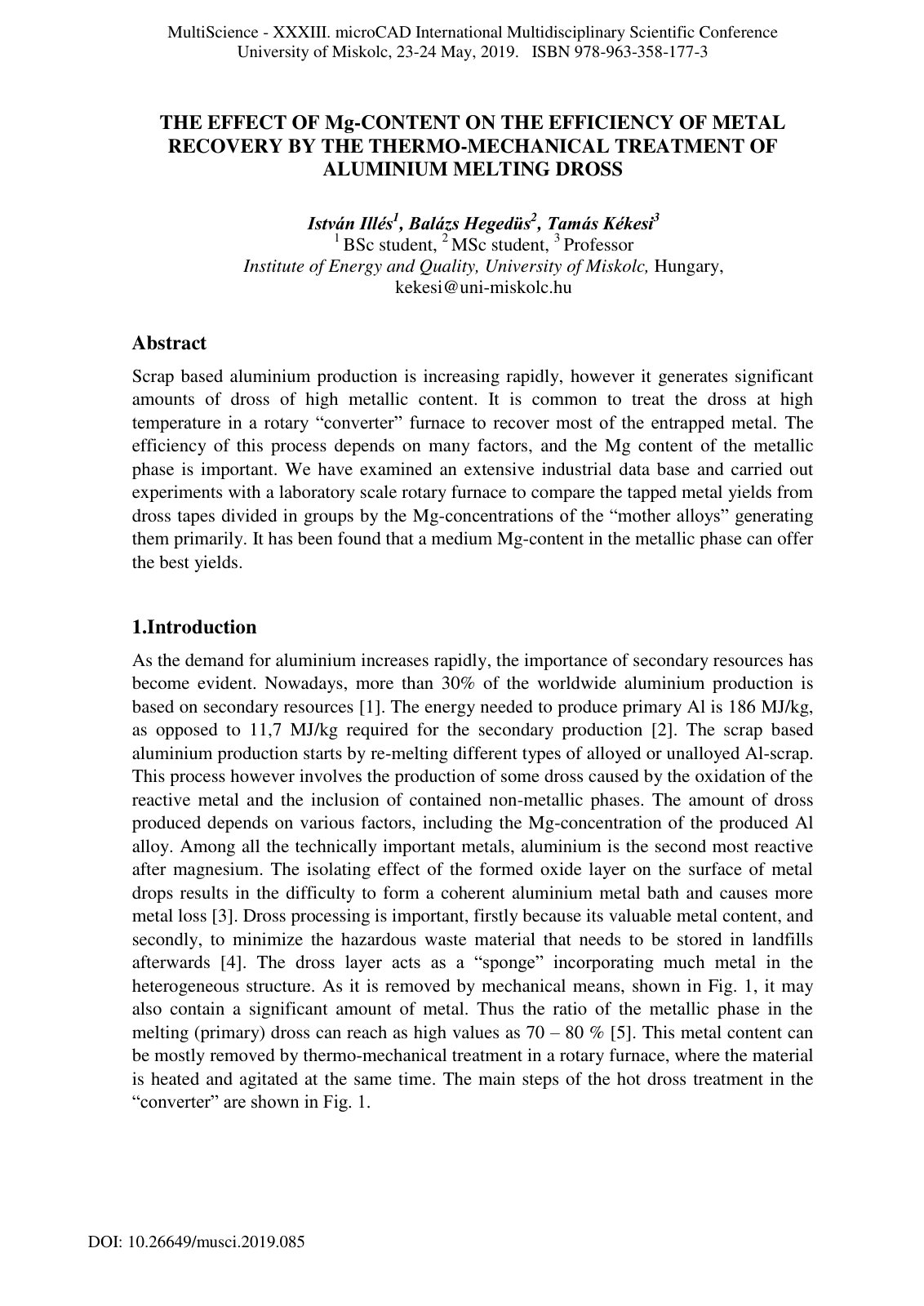 First page of THE EFFECT OF Mg-CONTENT ON THE EFFICIENCY OF METAL RECOVERY BY THE THERMO-MECHANICAL TREATMENT OF ALUMINIUM MELTING DROSS