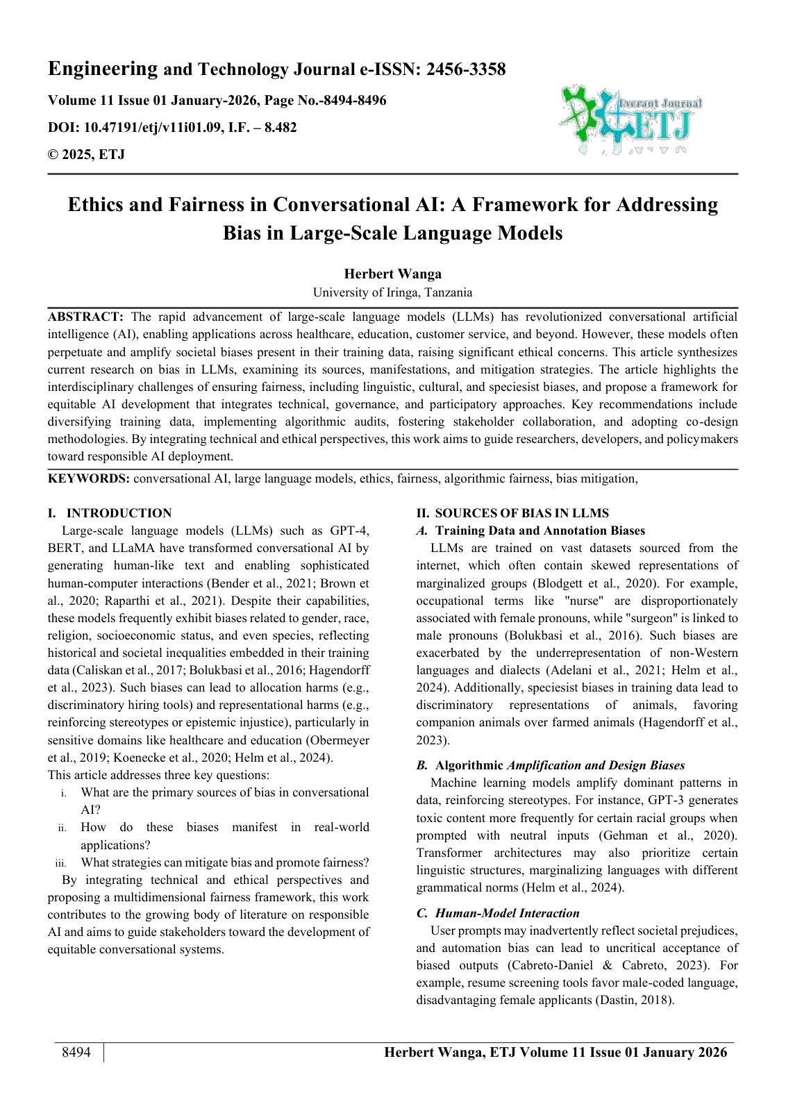 First page of Ethics and Fairness in Conversational AI: A Framework for Addressing  Bias in Large-Scale Language Models  