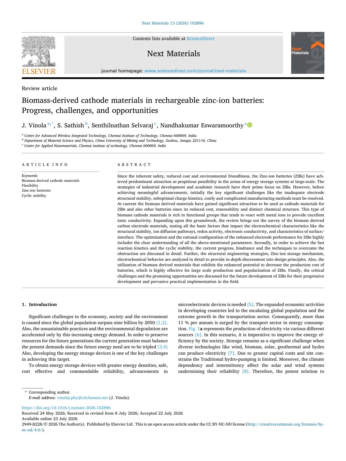 First page of Biomass derived cathode materials in rechargeable zinc ion batt 2026 Next Ma