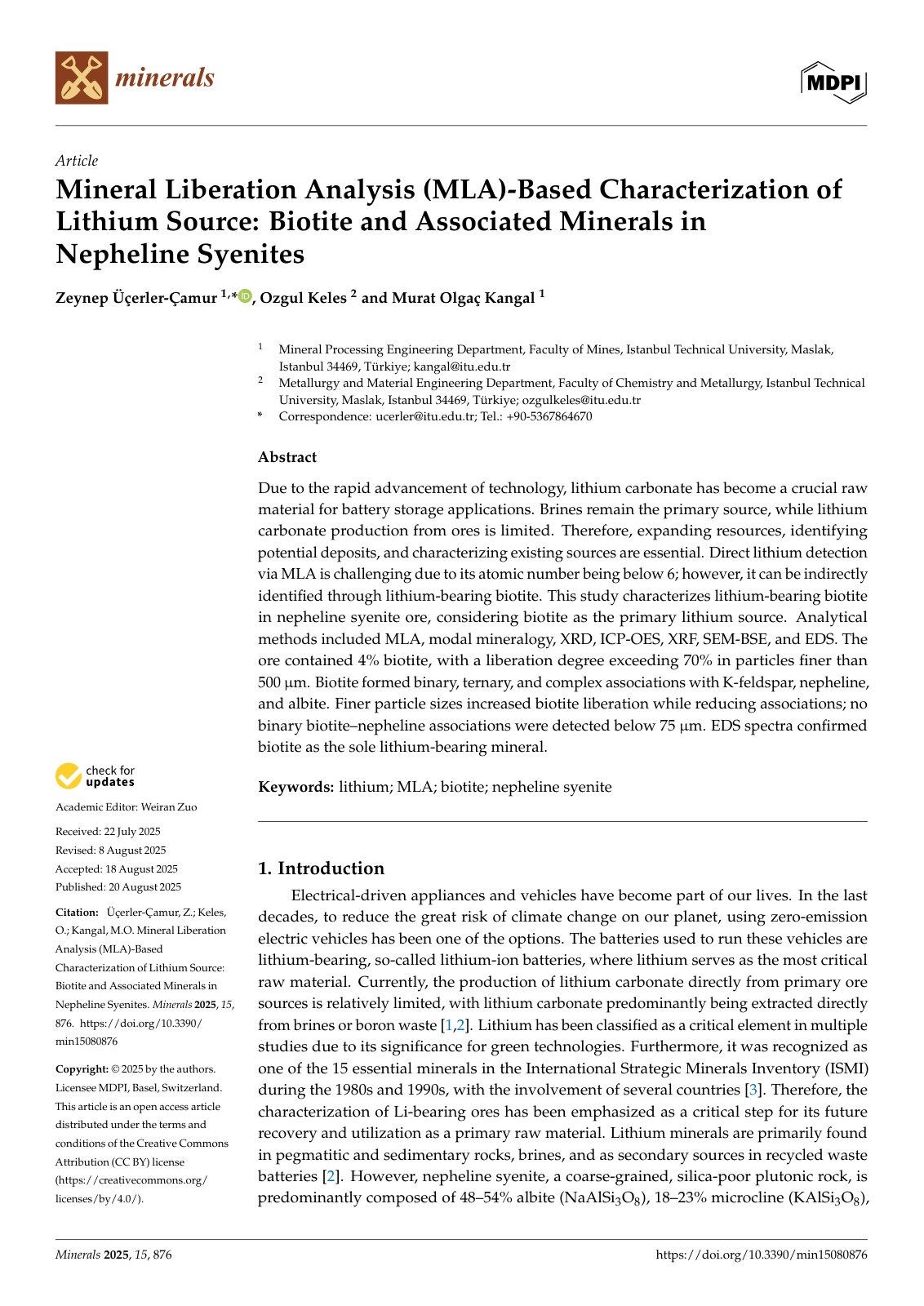 First page of Mineral Liberation Analysis (MLA)-Based Characterization of Lithium Source: Biotite and Associated Minerals in Nepheline Syenites