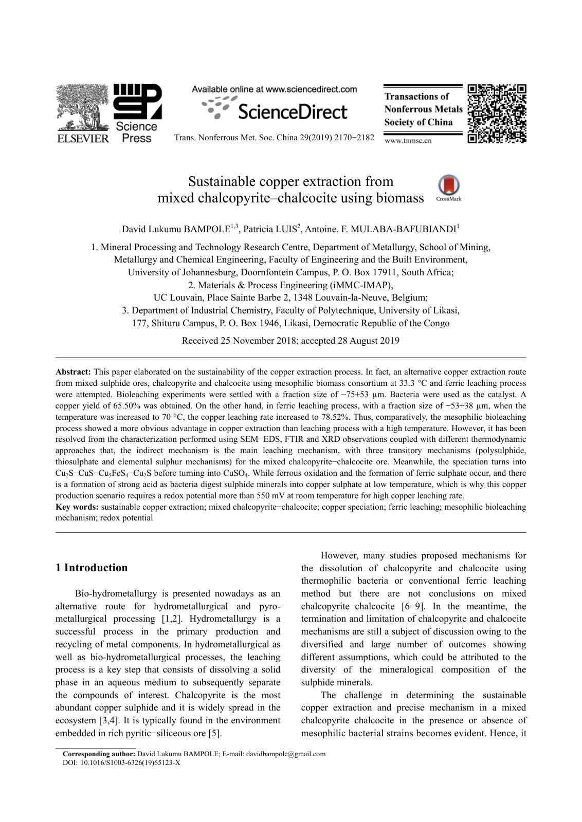 First page of Sustainable copper extraction from mixed