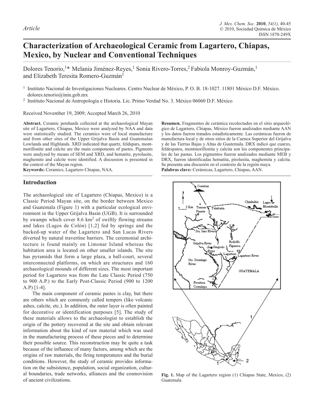 First page of Characterization of Archaeological Ceramic from Lagartero, Chiapas, Mexico, by Nuclear and Conventional Techniques