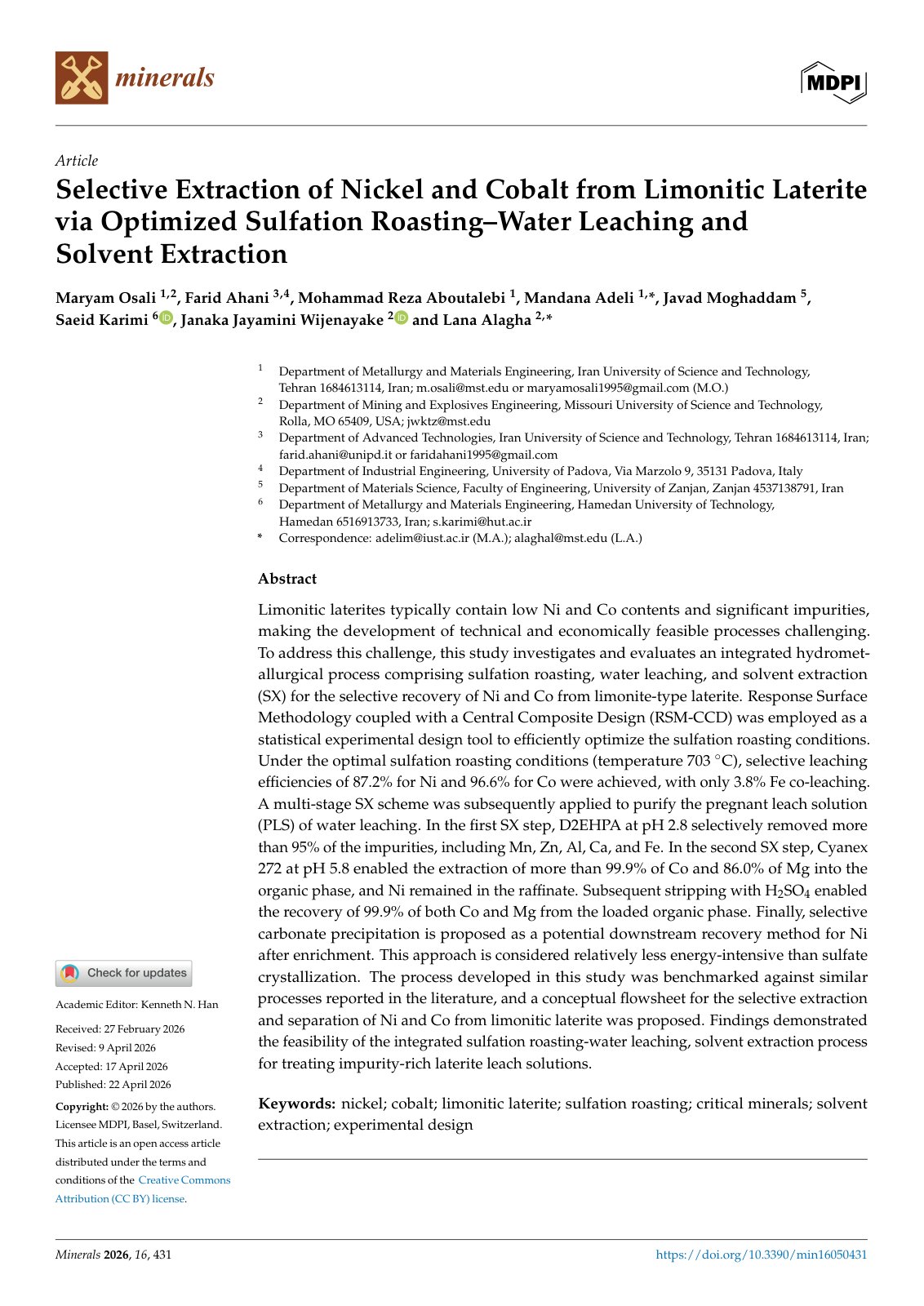 First page of Selective Extraction of Nickel and Cobalt from Limonitic Laterite via Optimized Sulfation Roasting–Water Leaching and Solvent Extraction