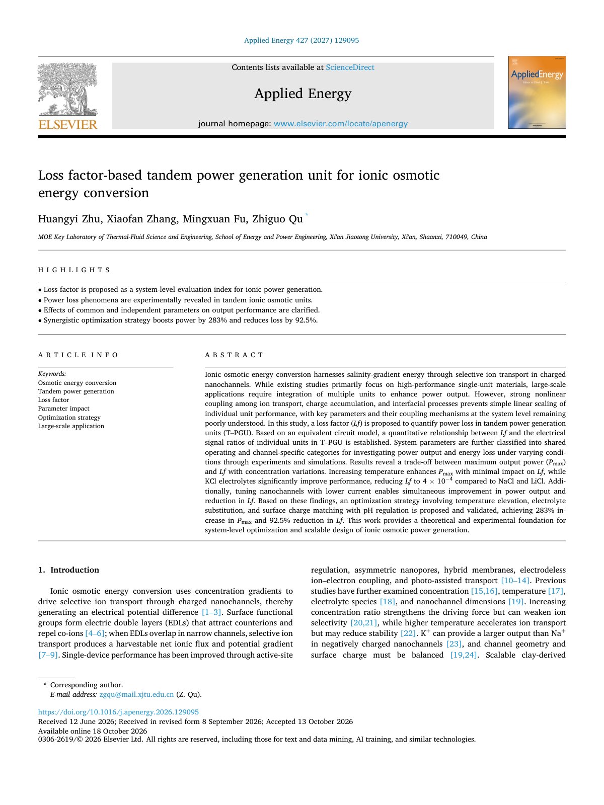 First page of Loss factor based tandem power generation unit for ionic osm 2027 Applied En
