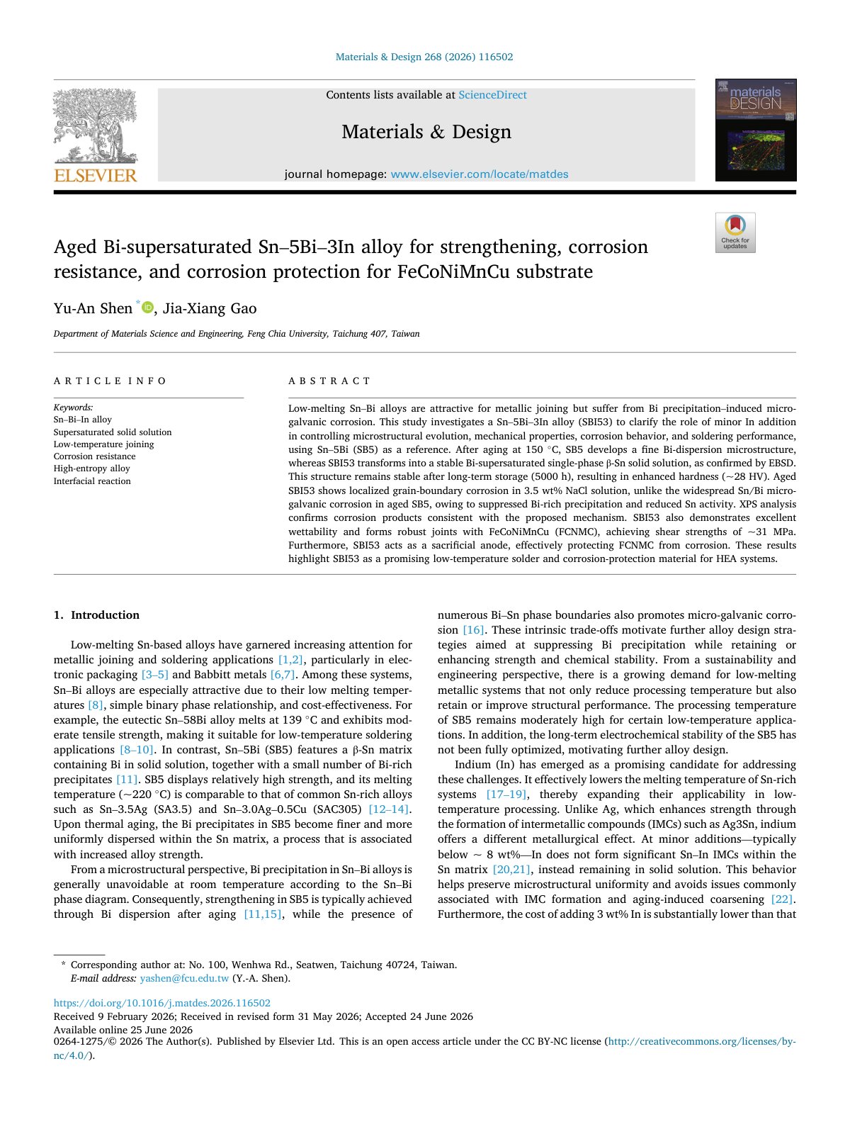First page of Aged Bi supersaturated Sn 5Bi 3In alloy for strengthening  cor 2026 Material