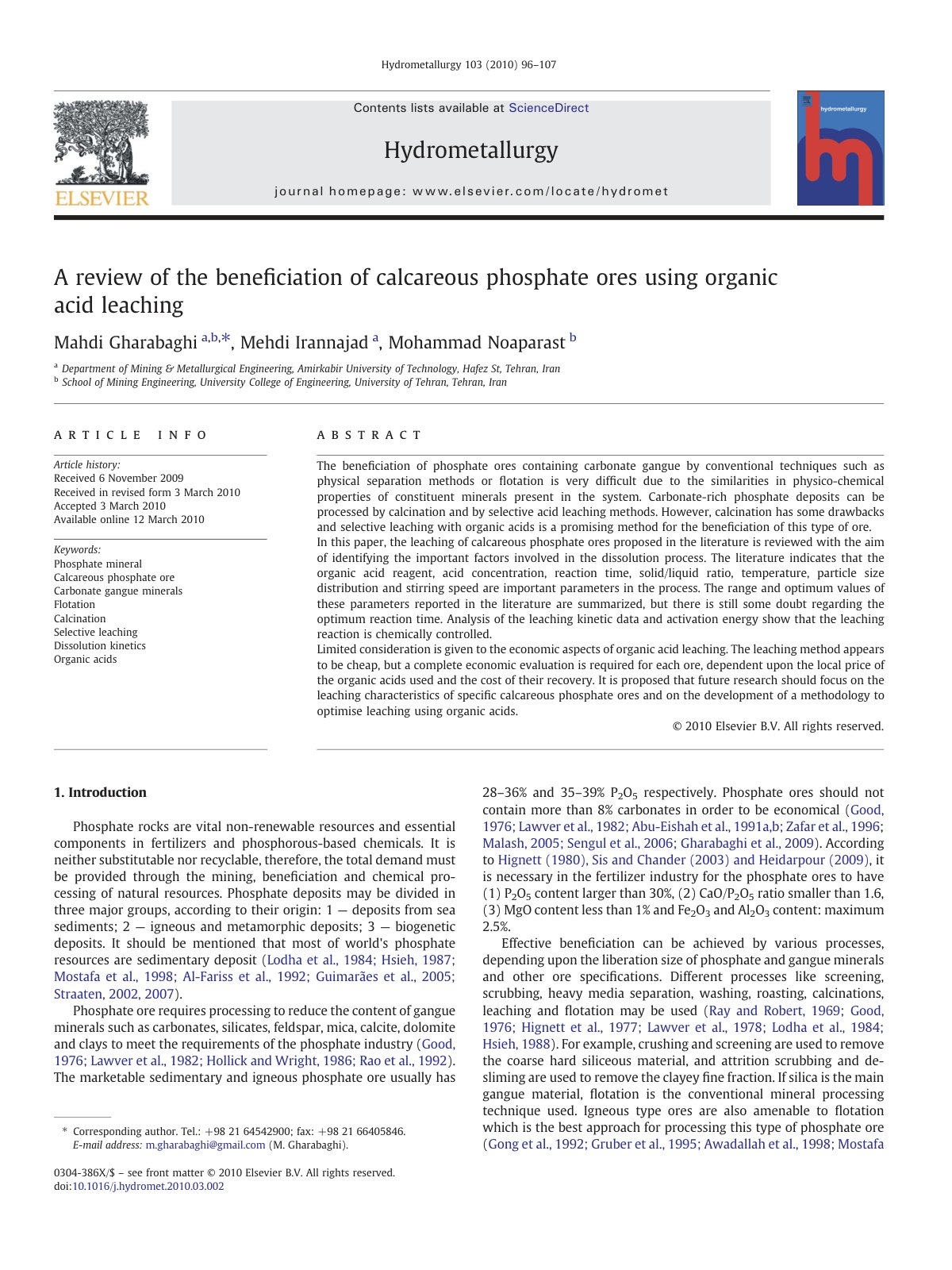 First page of A review of the beneficiation of calcare
