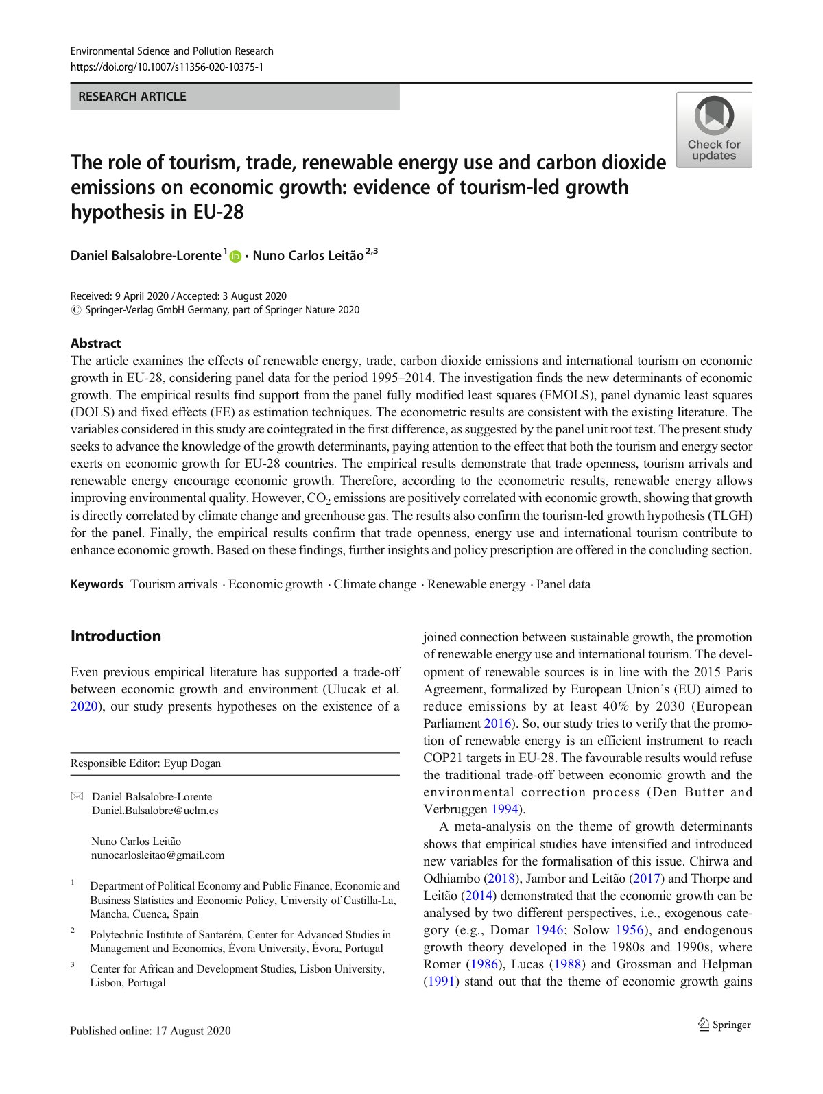 First page of The role of tourism, trade, renewable energy use and carbon dioxide emissions on economic growth: evidence of tourism-led growth hypothesis in EU-28