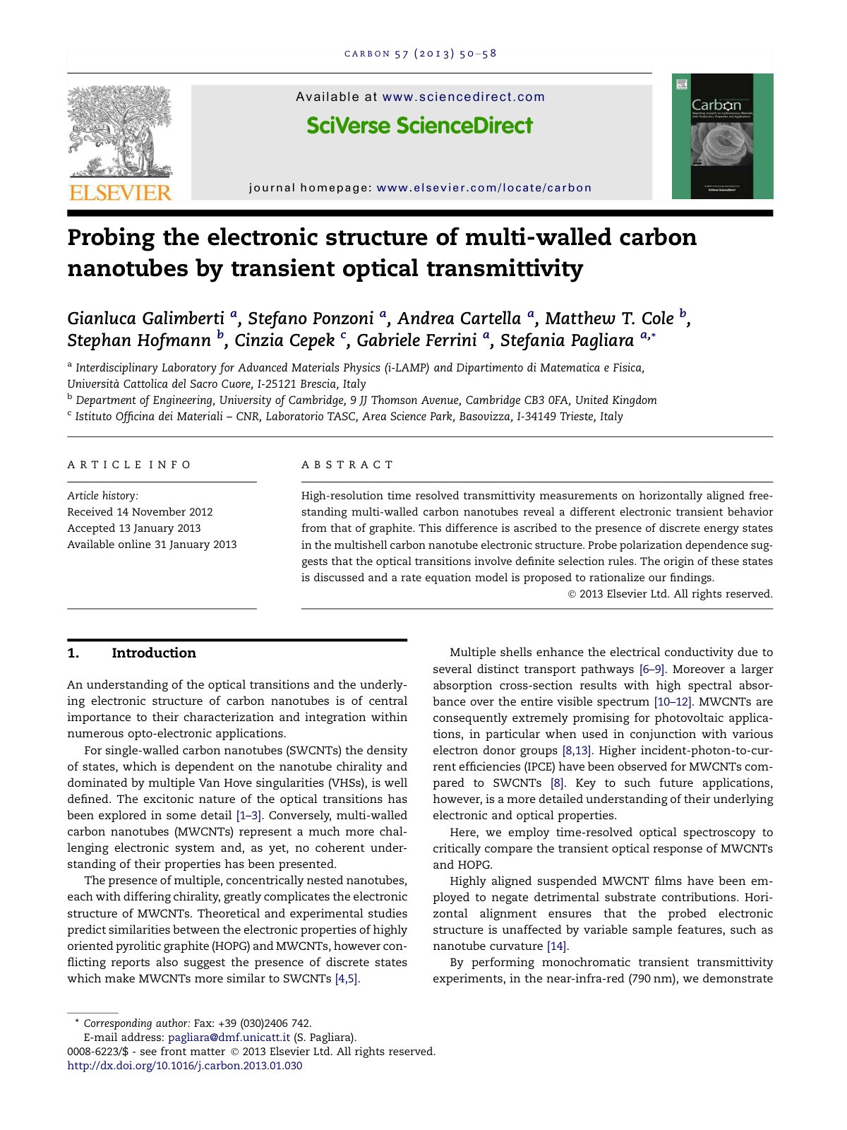 First page of Probing the electronic structure of multi-walled carbon nanotubes by transient optical transmittivity