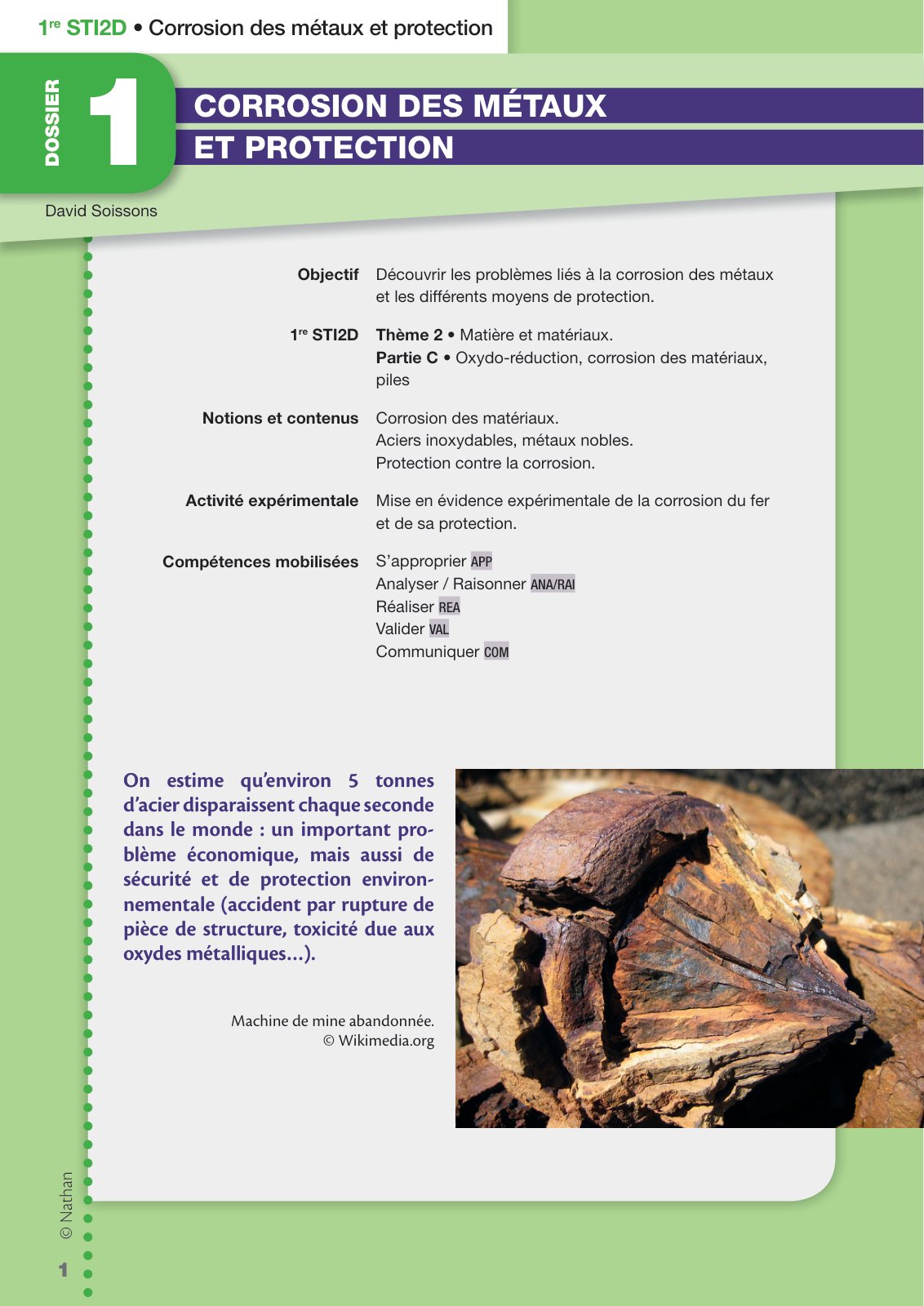 First page of NAT 1STI2D D1Corrosion