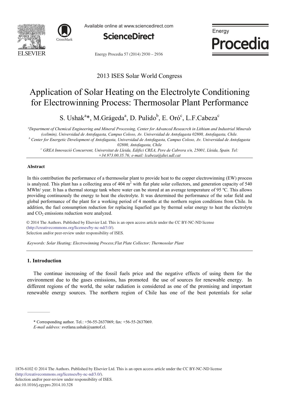 First page of Application of Solar Heating on the Electrolyte Conditioning for Electrowinning Process: Thermosolar Plant Performance