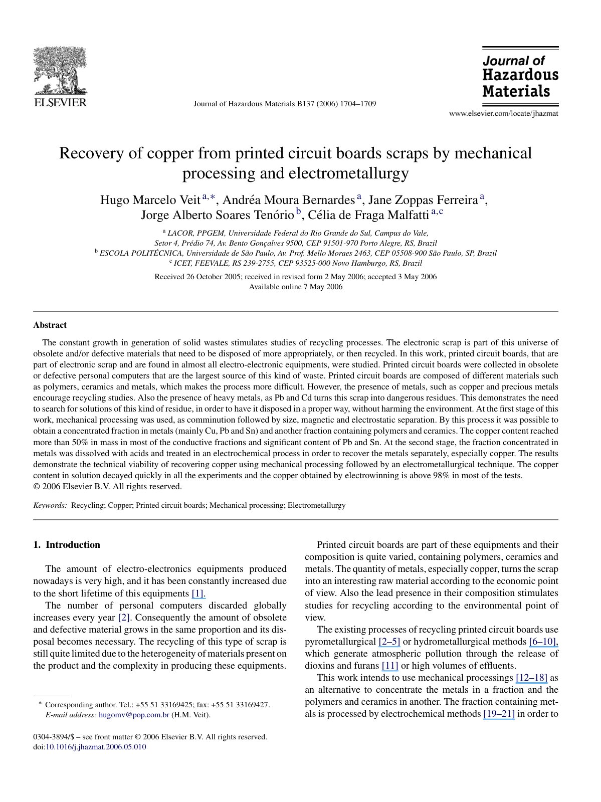 First page of Recovery of copper from printed circuit