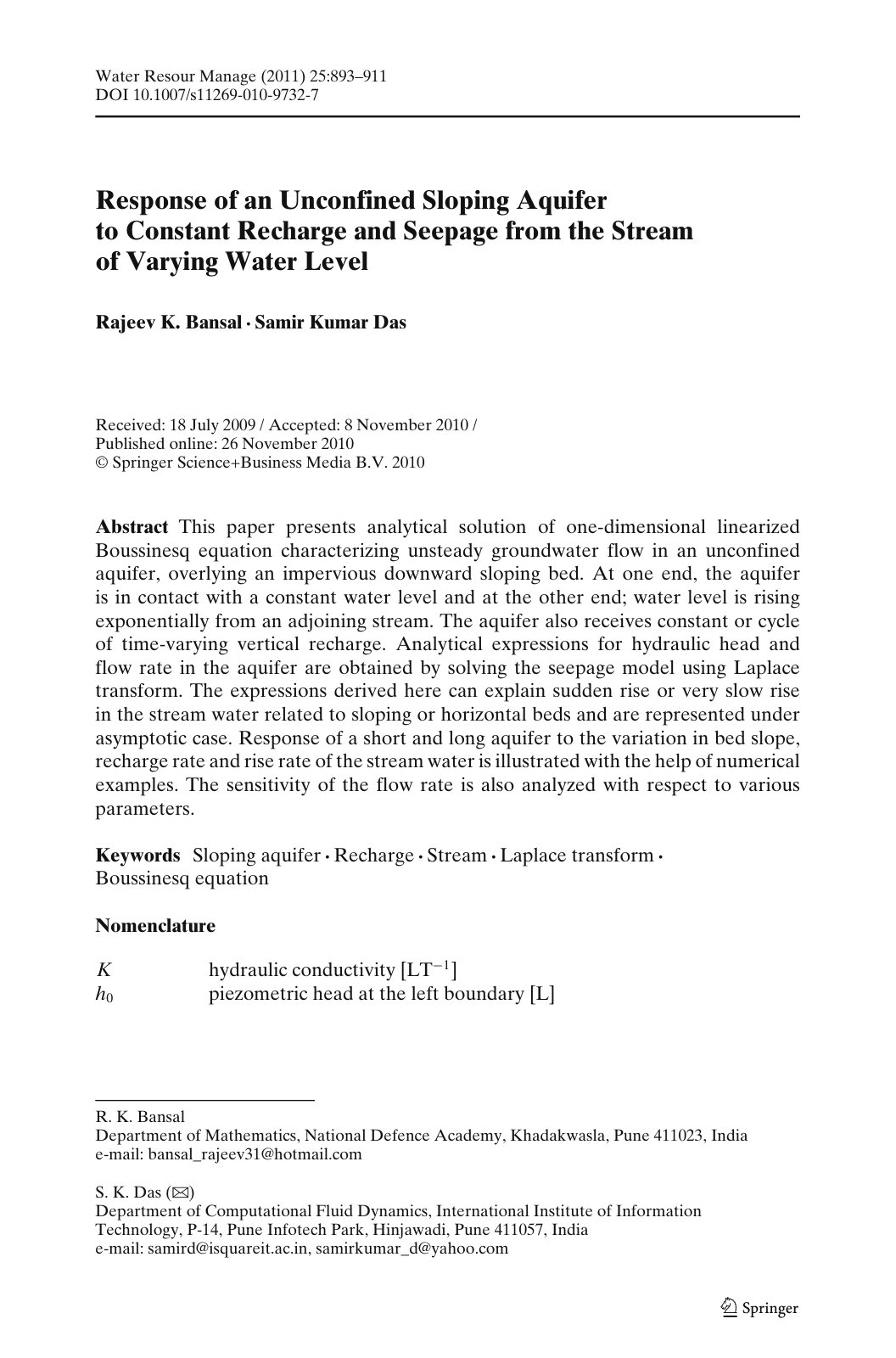 First page of Response of an Unconfined Sloping Aquife